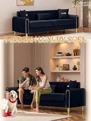 Miniatura 8 de ANTTYBALE Sofá de mediados de siglo moderno con botones copetudos de terciopelo para sala de estar, sofá biplaza con patas de metal dorado