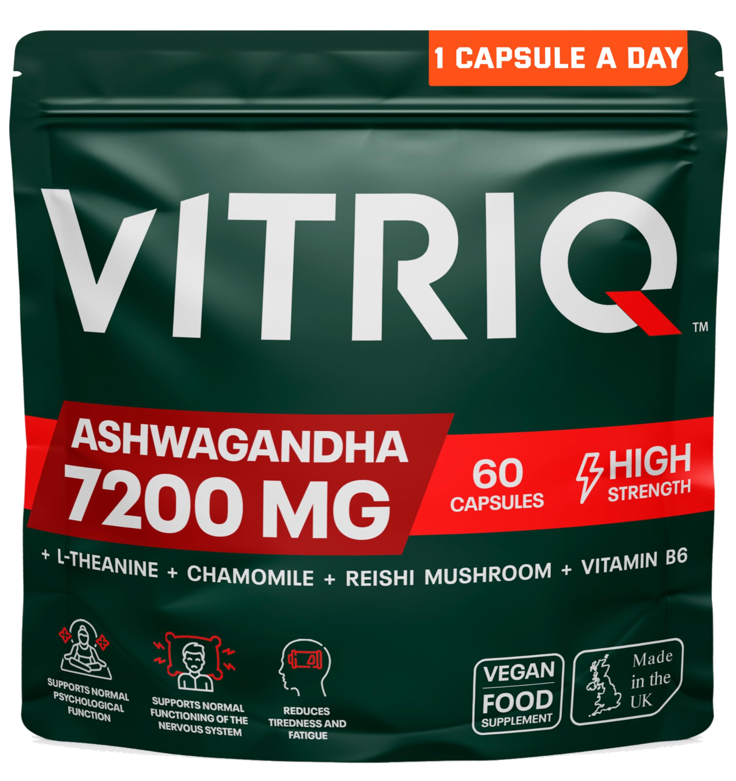 Organic Ashwagandha KSM-66 High Strength Complex 7200mg, 1-a-Day Capsule Calm Complex for Stress, Helps with Anxiety Relief & Restful Sleep with Chamomile, Reishi, L-Theanine, Vitamin B6-60 Capsules