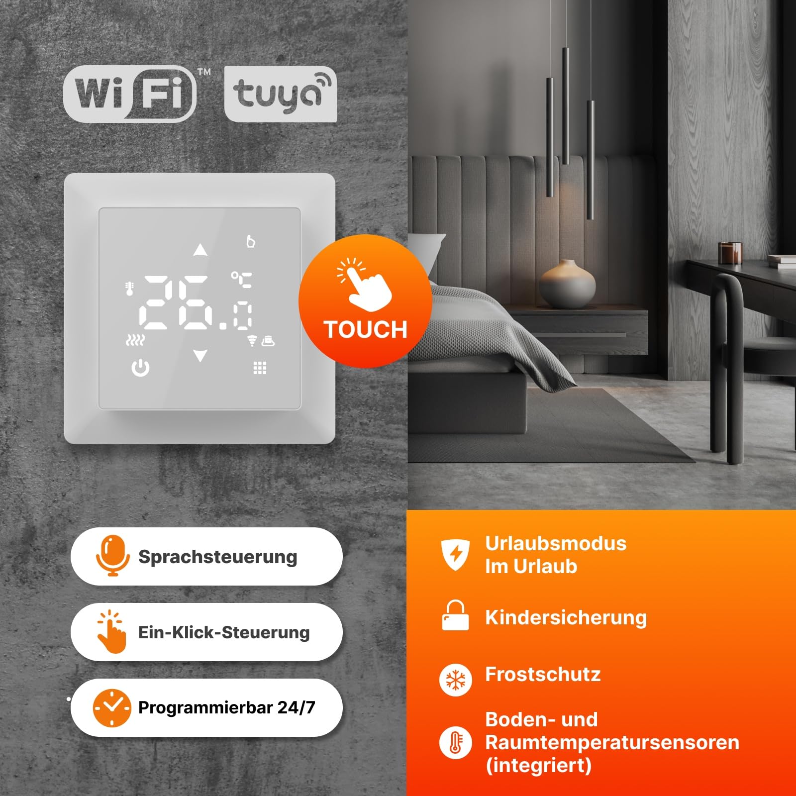 Elektrische Fußbodenheizung: Zweiader-Heizmatte mit Aluminiumfolie WARMON ALU 150 W/m² mit Thermostat TS 100 Serie, Thermostat:TS100 WiFi Weiß, Mattengröße:1,5 m²