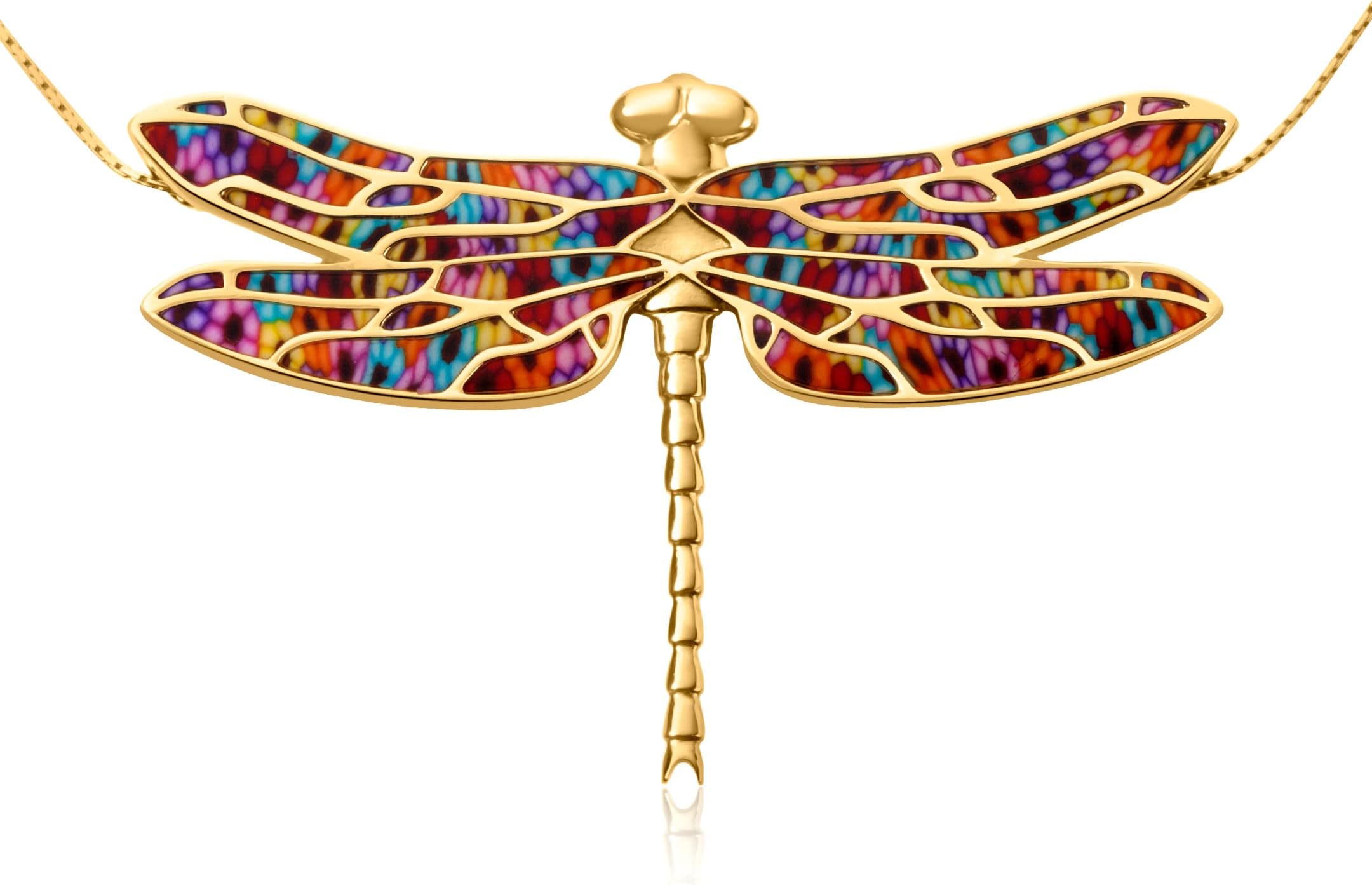NanoStyleGold Plated Silver Dragonfly Necklace Insect Pendant for Women Colourful Handcrafted Polymer Clay Fine Nature Boho Jewellery, 16.5" Gold Filled Chain