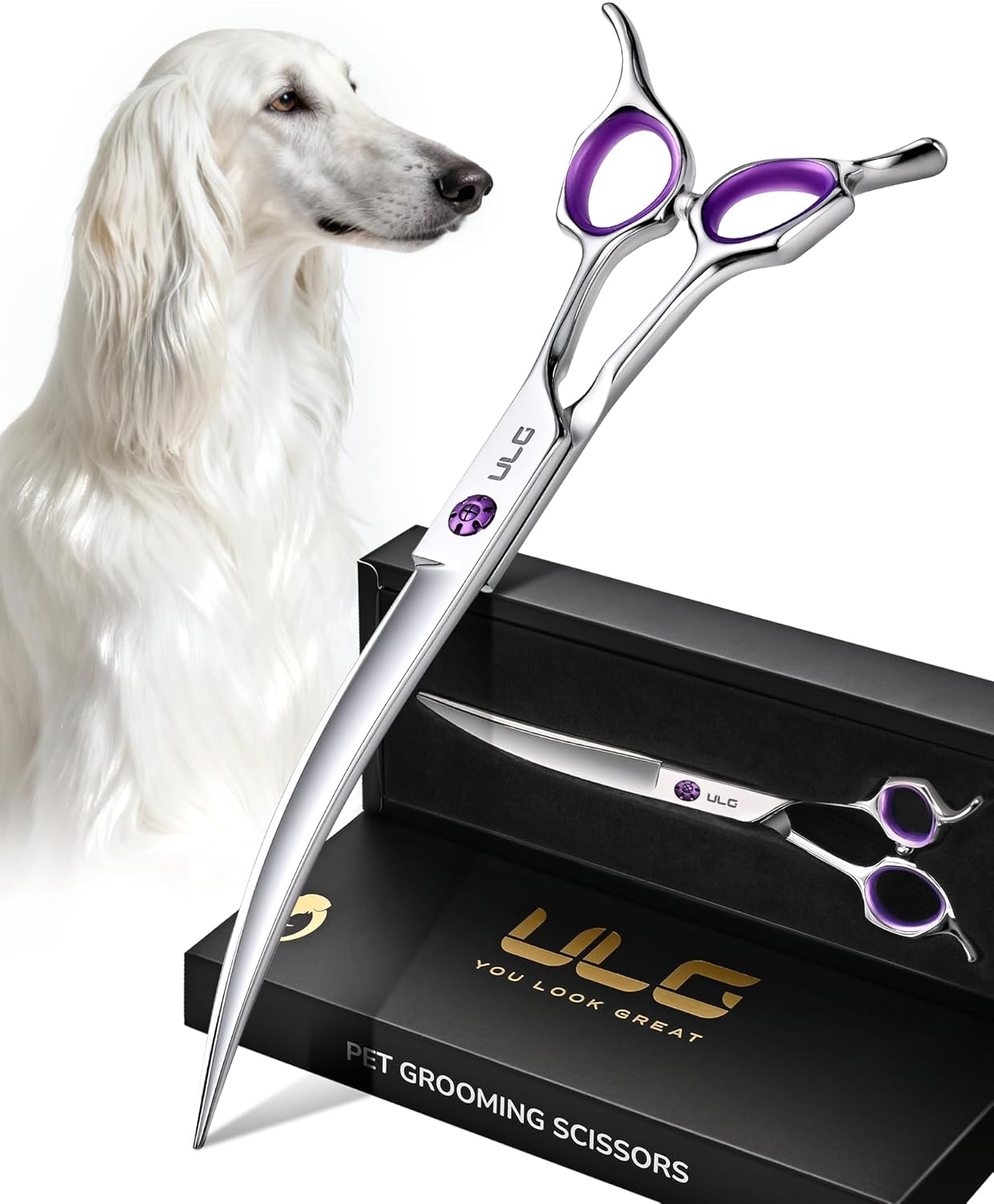 ULG 7.5" 30° Curved Dog Grooming Scissors - 440C Steel Professional Pet Shears with Reversible Butterfly Handles for Face, Eyes, Paws