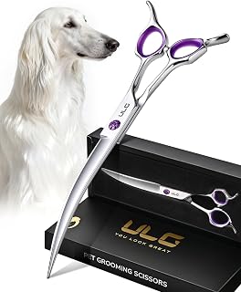 ULG 30° Curved Dog Grooming Scissors 440C Stainless Steel, 7.5" Professional Pet Grooming Shears with Reversible Butterfly Handles, Dog Scissors for Grooming Face, Eyes, Paws & Body