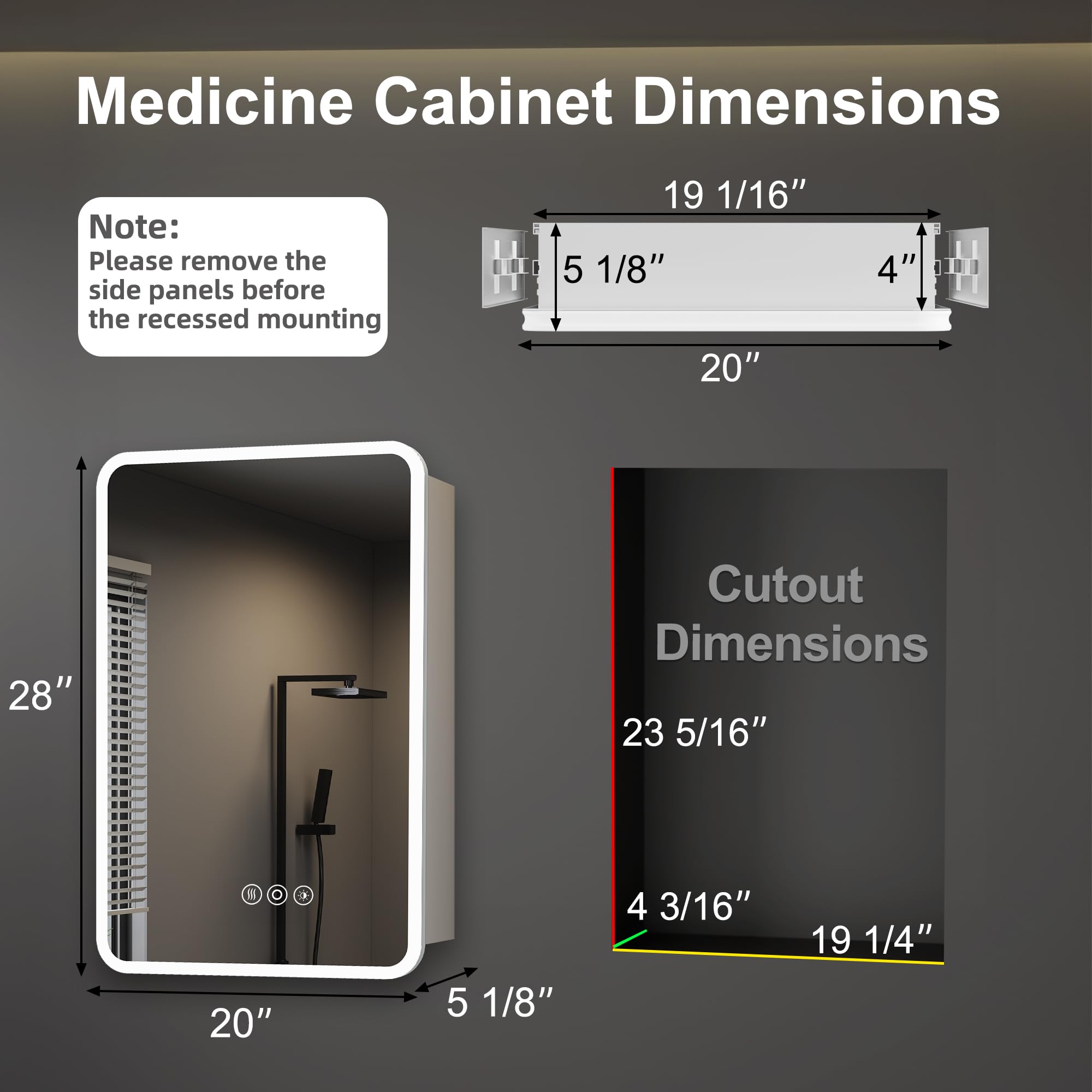 Armadietto per medicinali con luci a LED e specchio, 50,8 x 71,1 cm, da incasso o da incasso, con anta, orologio e temperatura, funzione di memoria, modalità a 3 colori, uscita e USB, dimmer