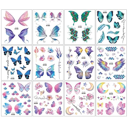 Tatuaje temporal de mariposa con purpurina para decoración de rostro, ojos, cuerpo, tatuajes falsos, 14 hojas de calcomanías de flores de sirena,