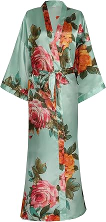 Womens Satin Kimono Robes Long Floral Silky Robe Dressing Gown Sleepwear | Bride Bridesmaid Bathrobe, Wedding Party Getting Ready, Lightweight Kimonos, Full length Loungewear, V Neck, Loose
