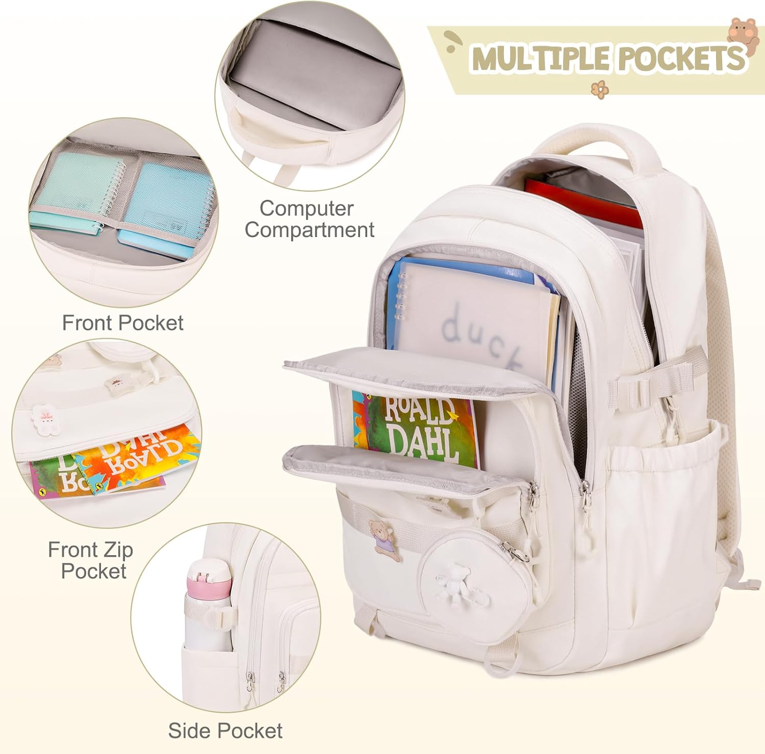 ACESAK Backpacks for Girls - 4PCS Girls Backpack with Lunch Bag & Pencil Pouch Coin Pruse for Teens Kids Elementary Middle High School College Student Bookbag Daypack (Beige)