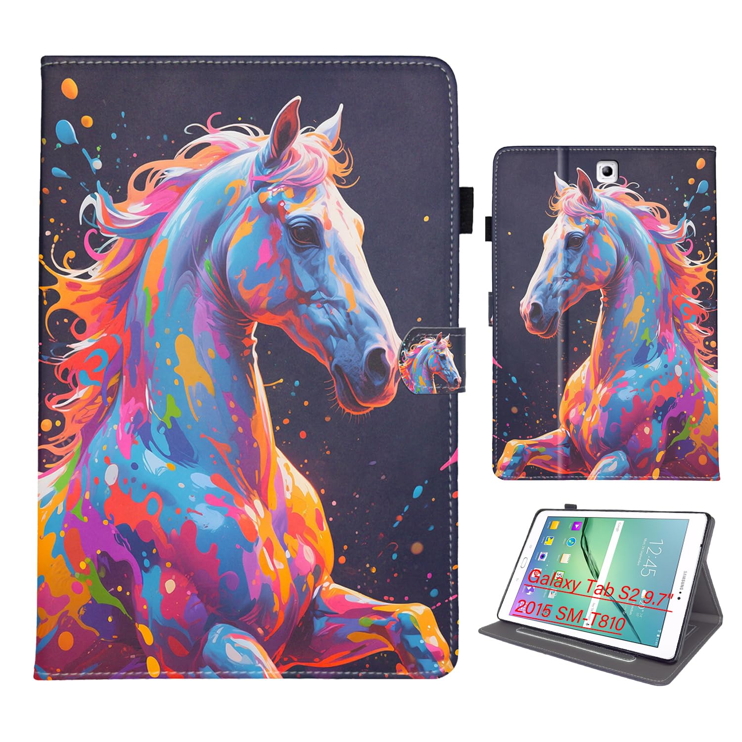 Bemoloon PU Tablet Hülle Kompatibel mit Samsung Galaxy Tab S2 9.7 2015 SM-T810/T813, SchutzHülle Mit lebendigen Farben & Mustern, Auto-Wake/Sleep-Funktion, Farbiges Pferd