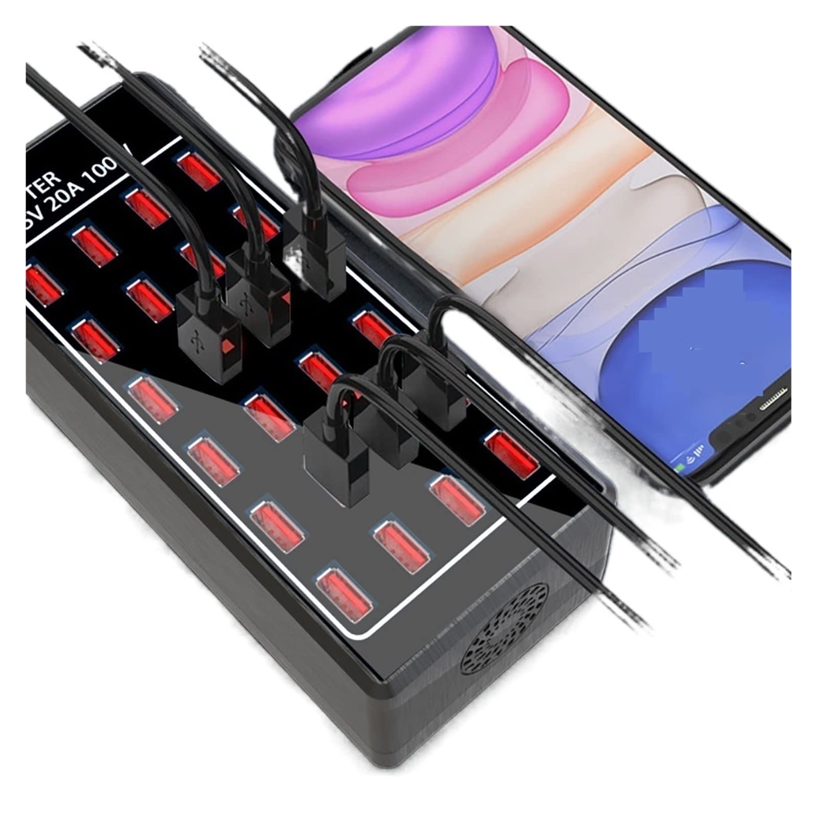 Cargador USB de 100W y 24 Puertos, estación de Carga, Adaptador de Corriente de 5V, 20A, USB for teléfono móvil, Carga rápida, concentrador USB, Adaptador de Corriente multipuerto