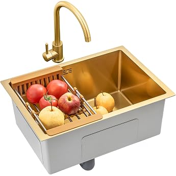 K chensp len Einzelnes Becken In Geb rstetem Gold Sp le Aus Edelstahl Quadratische Einbau- Oder Unterbausp le Mit Wasserhahn Und Abfluss Color Gold Size 55 40cm
