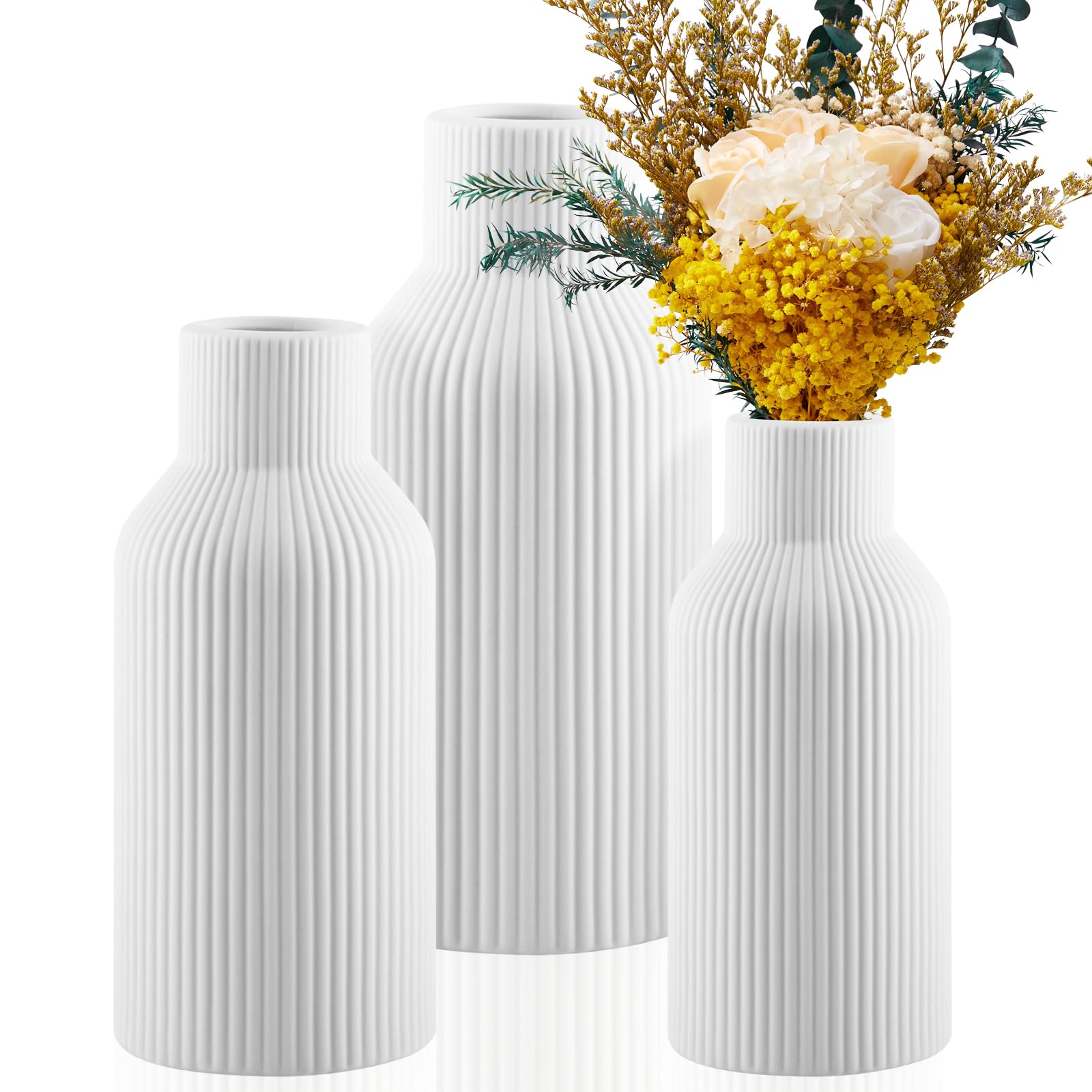 Jarrón FoiiLiio Juego de 2 Jarrones Decorativos (Grande+Mediano+Pequeño) Blanco Jarrón de Cerámica Floreros Decorativos Modernos Floreros Secas para Sala de Estar Dormitorio Bodas