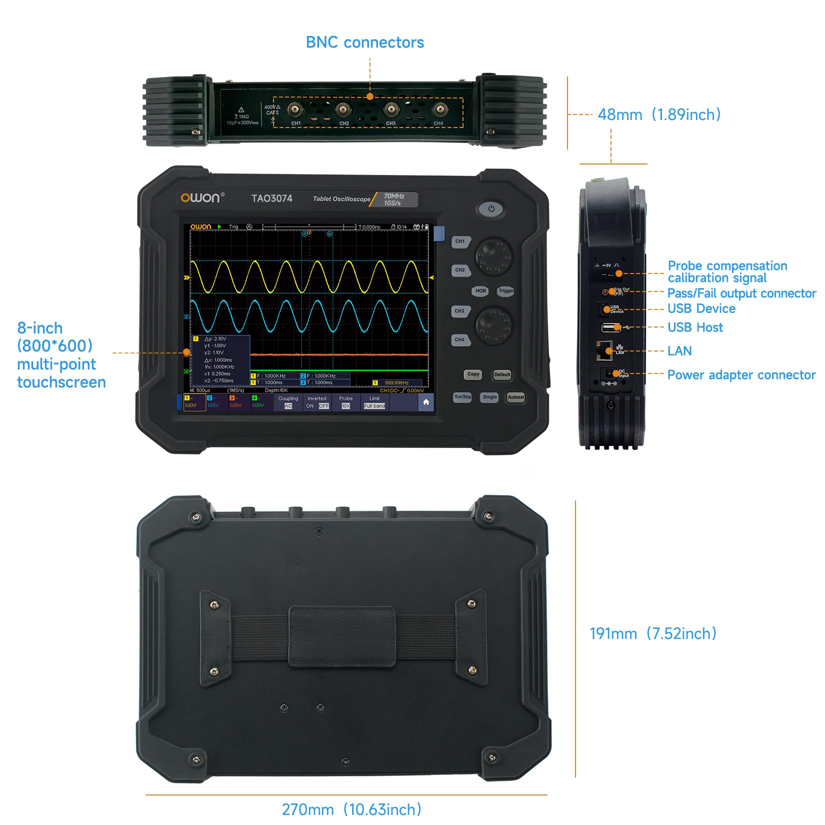 OWON TAO3074 Osciloscopio digital portátil de 4 canales con ancho de banda de 70 MHz y frecuencia de muestreo de 1 GS/s, longitud de registro de 40 M, SCPI y compatible con LabVIEW