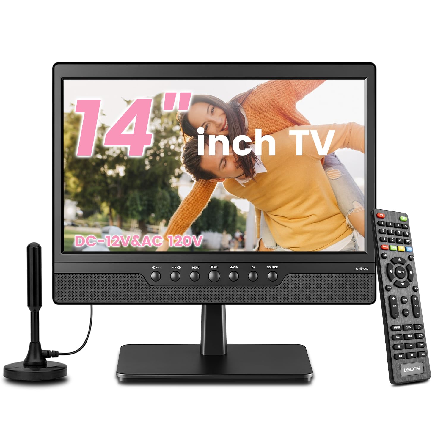 Jexiop Piccolo TV LED HD da 14 pollici, ATSC integrato, supporto doppio per montaggio a parete e desktop-HDMI-USB-AV IN-12 V/AC per camper e cucina