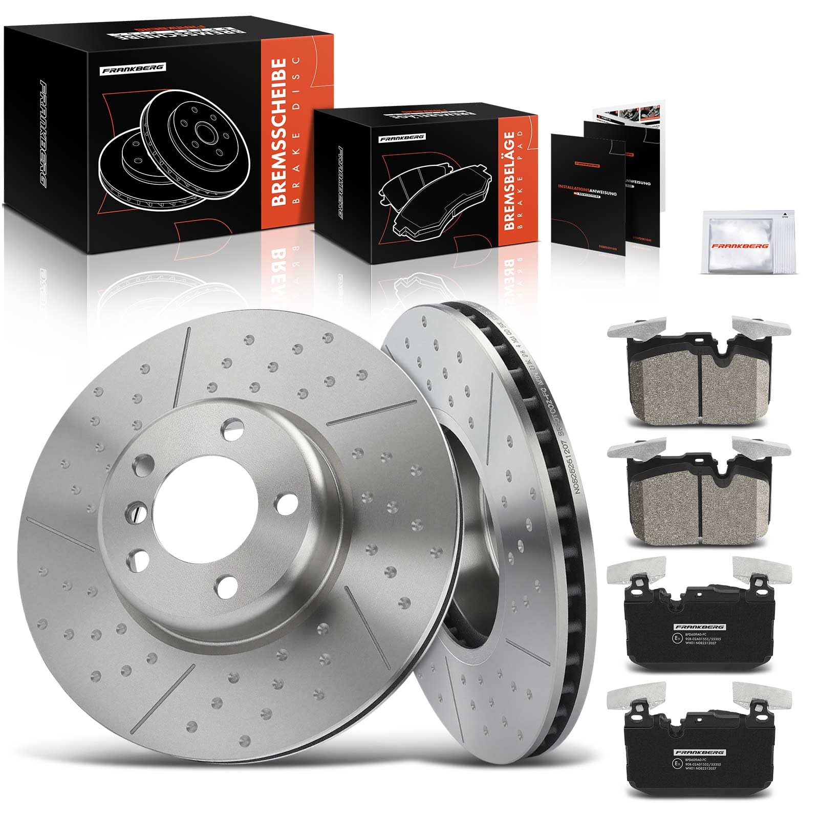 Frankberg 2x Discos de freno + 4x Pastillas de freno del eje delantero Compatible con Serie 1 F20 Serie 3 Touring F31 2 cabrio F23 Serie 3 F30 F80 4 Gran Coupé F36 Replace# 34106799805