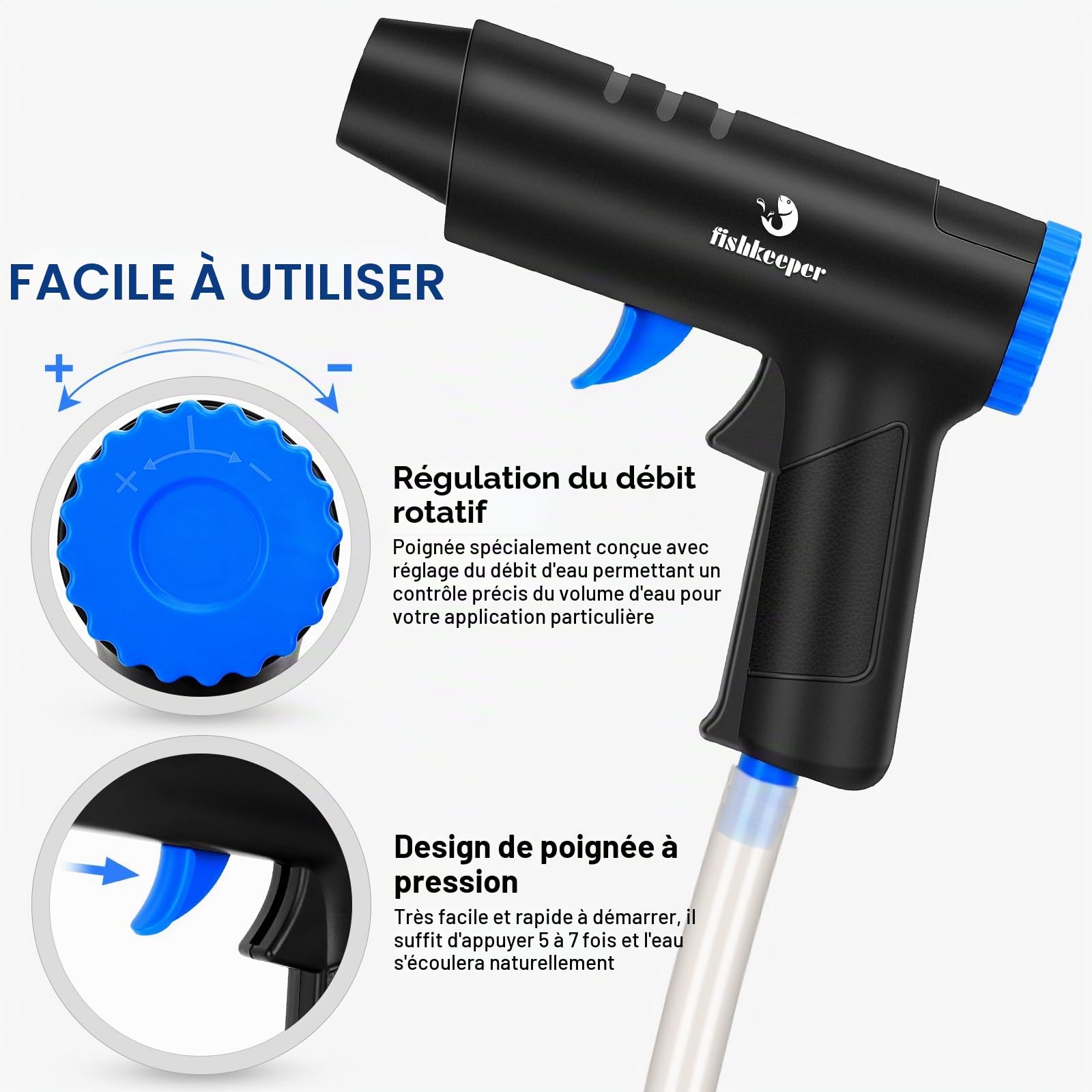 Fishkeeper Aspirateur pour Aquarium, 4 en 1 Aspirateur d'aquarium Puissant Ensemble de Nettoyage d'aquarium Réglable, Nettoyeur de Fond Démontable Anti-obstruction pour Changement d'eau, Nettoyage du