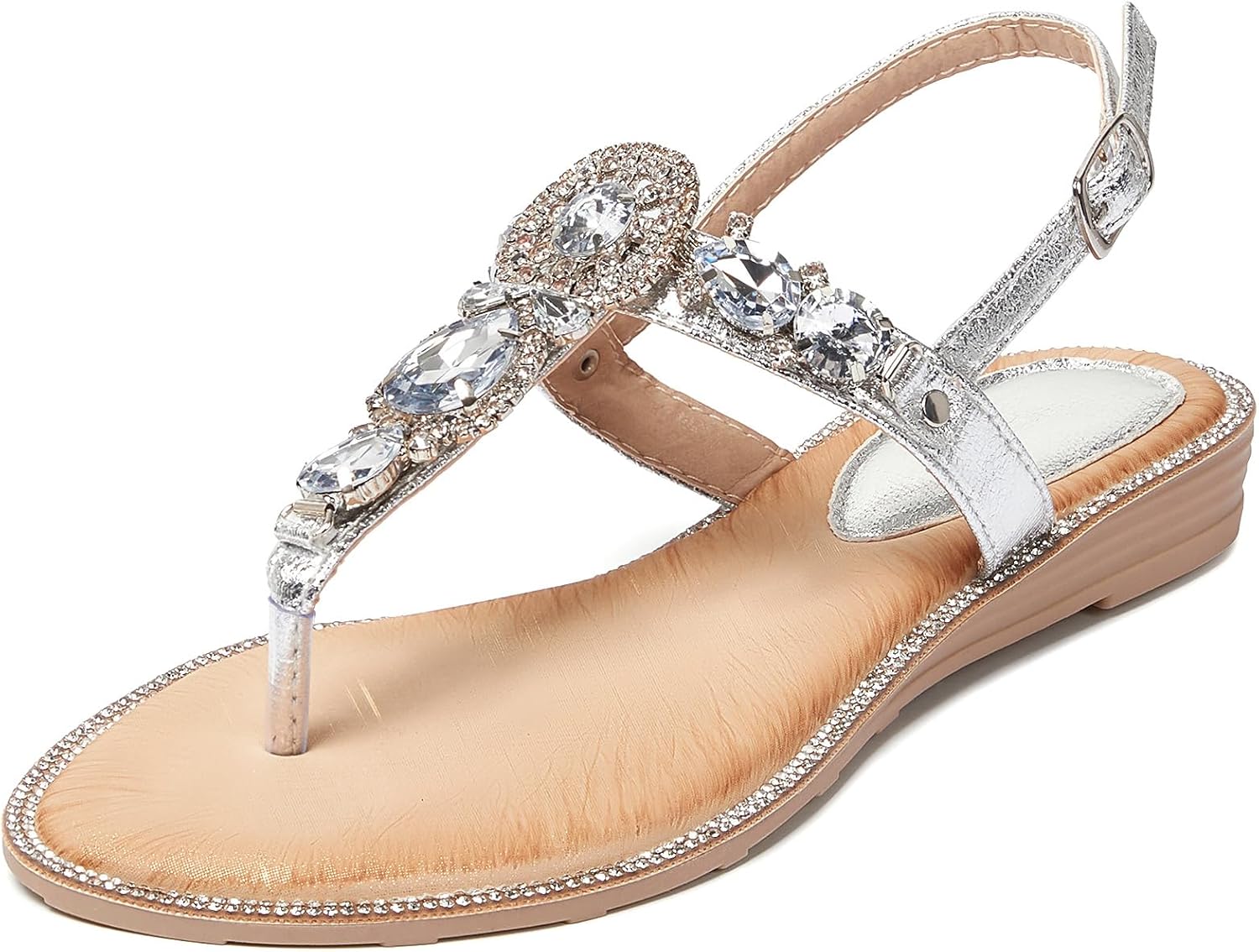 iCKER Women Rhinestone Sandals T-Strap Buckle Bohemian Pearl Crystal Flat Sandals