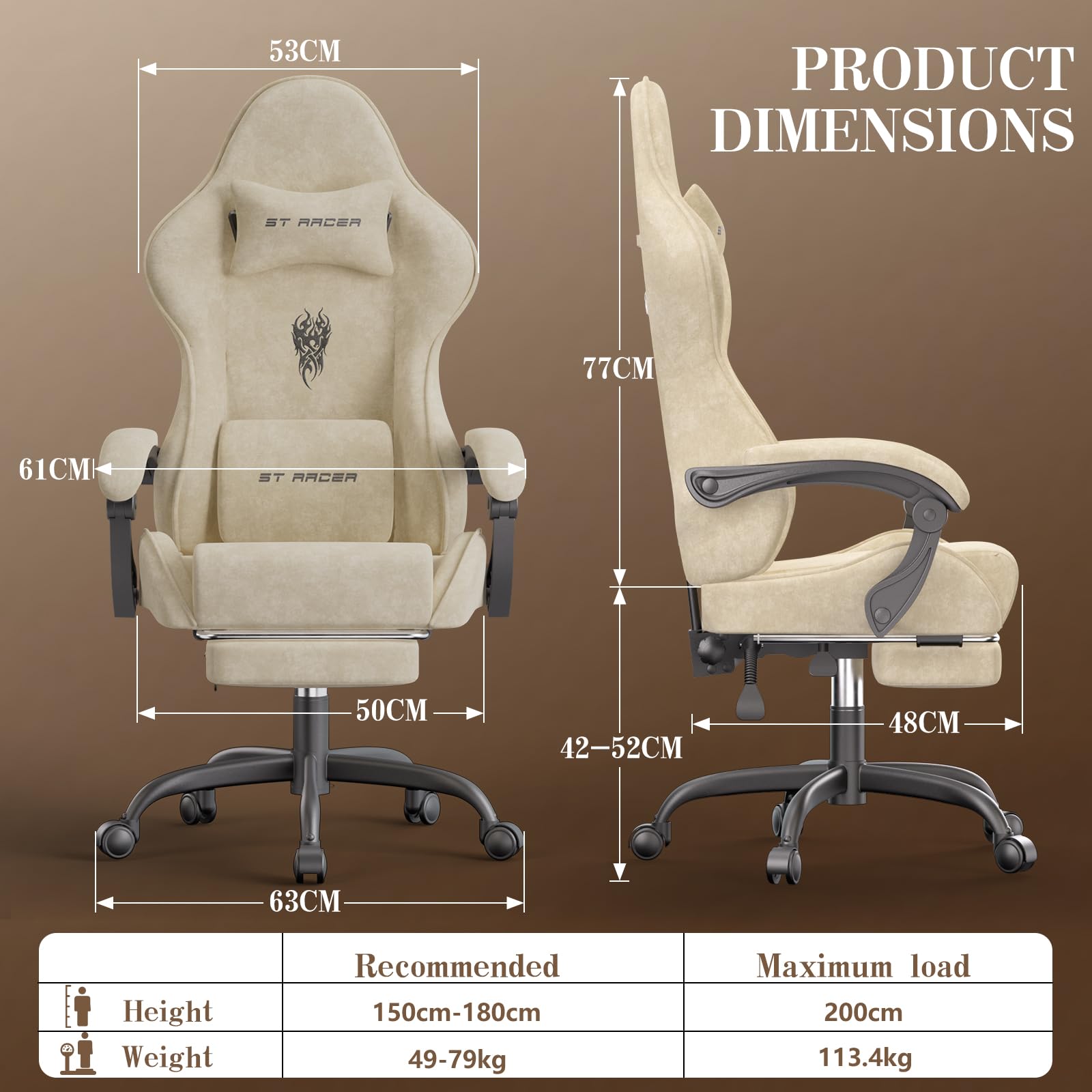 Verdego Silla Gaming con Masaje Lumbar y Reposapiés, Silla Gamer Ergonómica, Tela de Terciopelo, Reclinable 90-125°, Altura Ajustable 10cm, Giratoria 360°, Cadeira Gaming Oficina y Juegos (Beige)