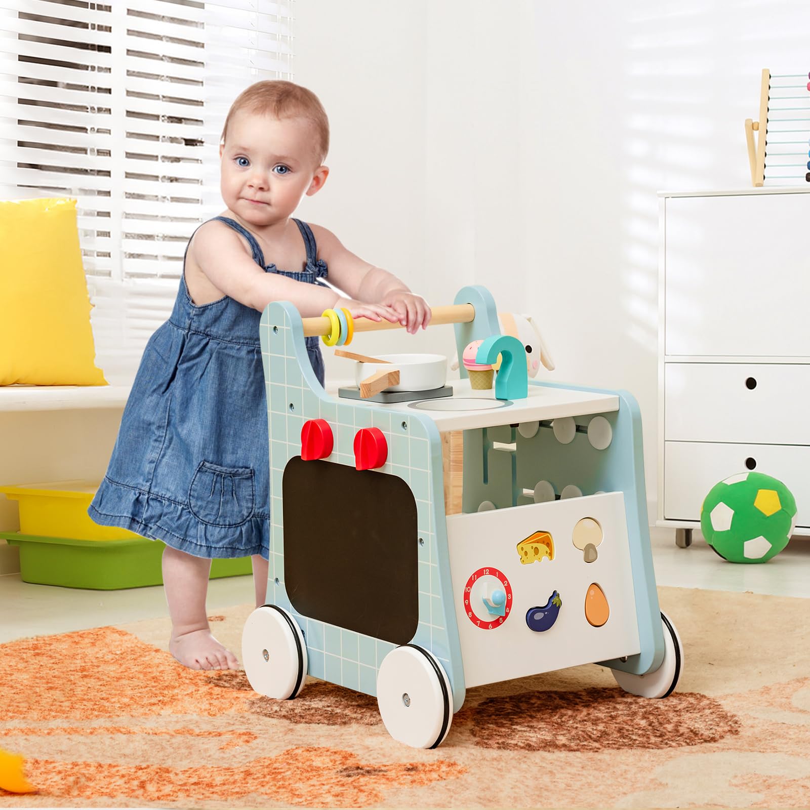 RELAX4LIFE Andador de Madera para Bebés con Accesorios y Ruedas, Carrito de Helados de Juguete Multifuncional, Juguete Montessori, Centro de Actividades para Niños 1+ Año (Azul)