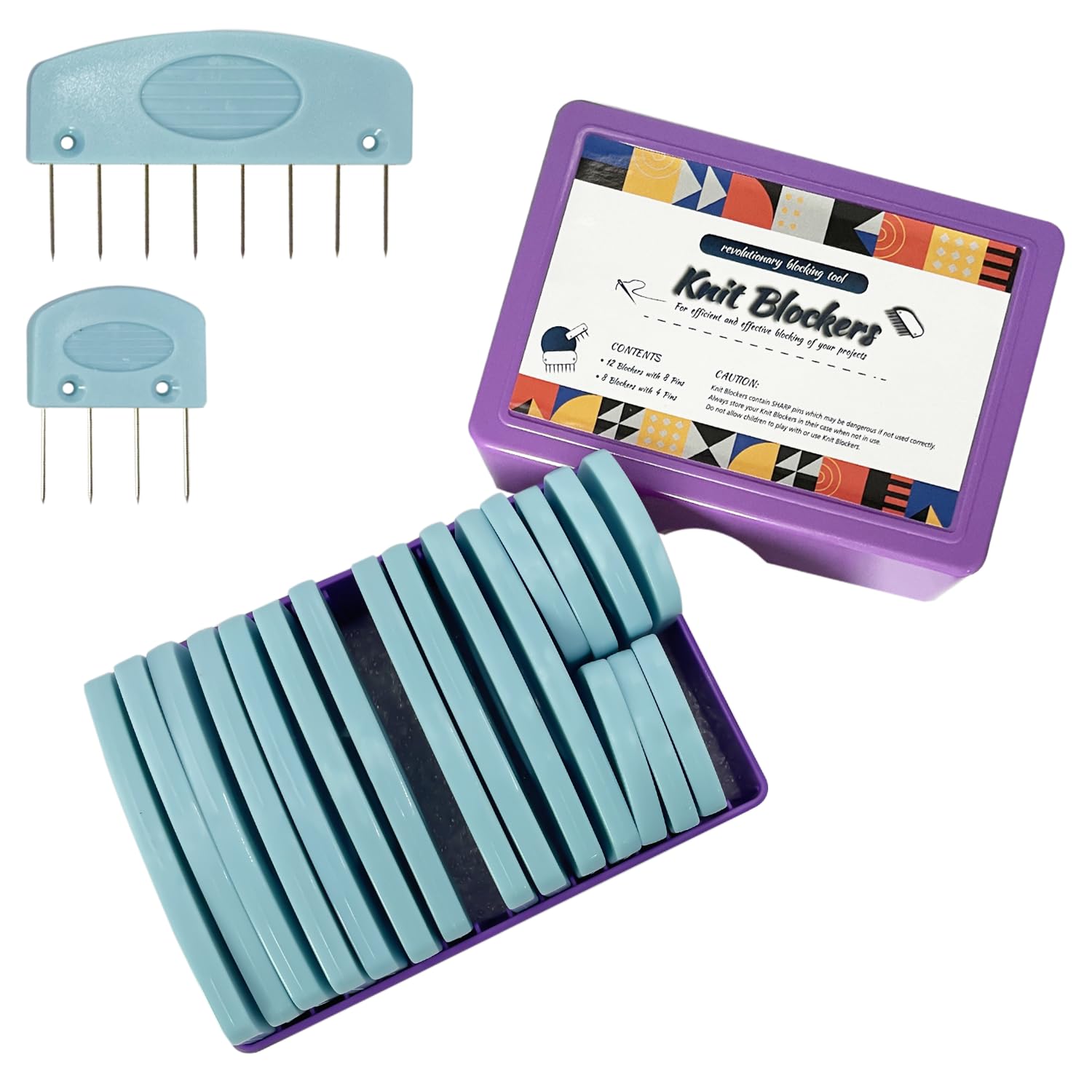 Jamit Blue 20Pcs Knit Blockers Pins Kit, Knit Blocking Combs For Crochet Knitting Blocking Board Mats, Crochet Blocking Pins For Crochet Projects Sewing Lace Needlework Projects Tool (Blue)