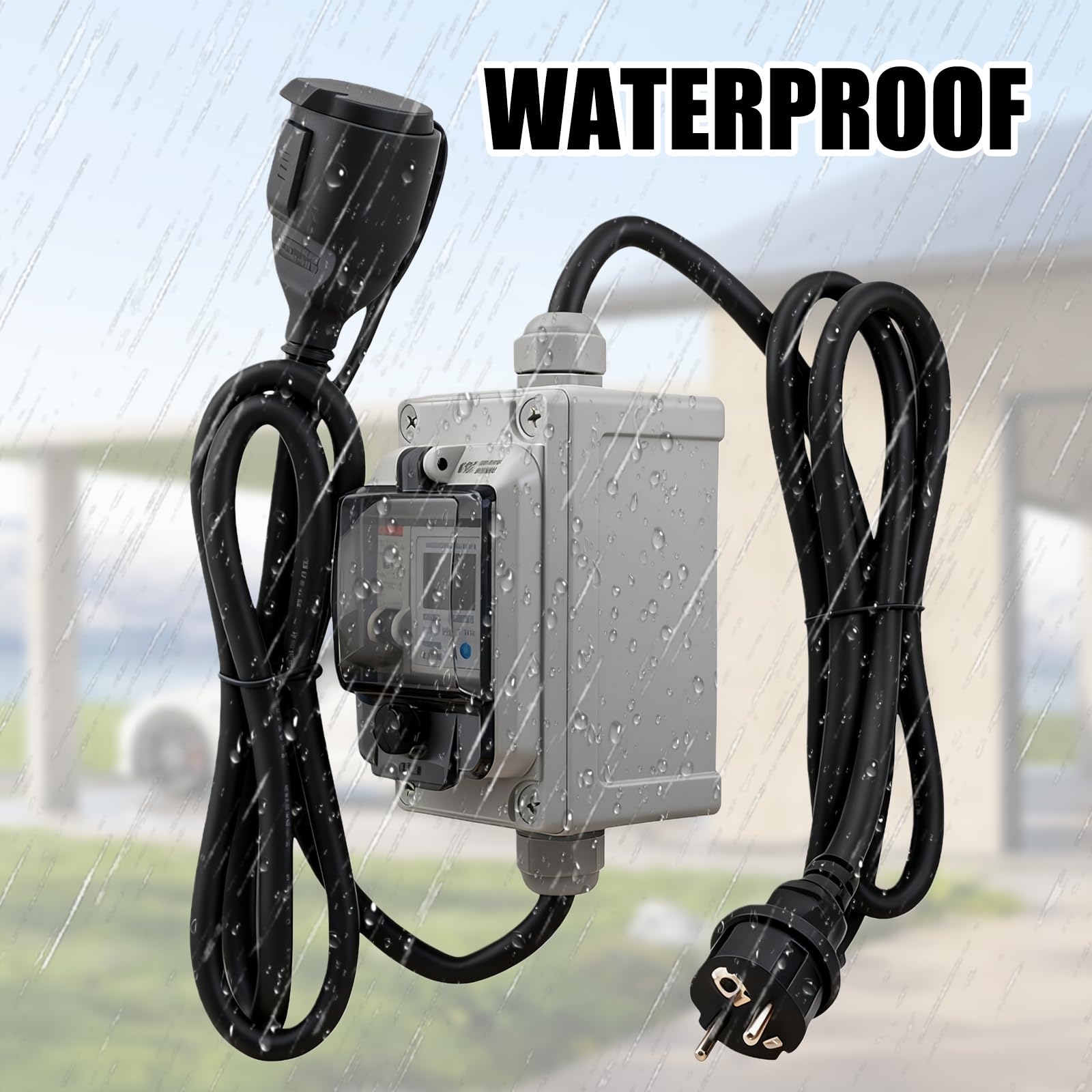 Medidor de corriente digital móvil 230 V 16 A, IP67 resistente al agua para exteriores con interruptor de protección FI, contador intermedio de corriente con enchufe y acoplamiento para autocaravanas