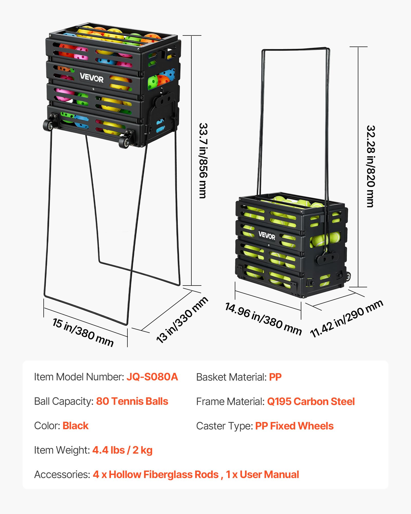 VEVOR Panier à Balles de Tennis, Capacité de 80 Balles, Panier Ramasse-Balles Portable avec roulettes, Chariot de Rangement pour Entraînement et Transport de Tennis et Pickleball, Poignée Convertible