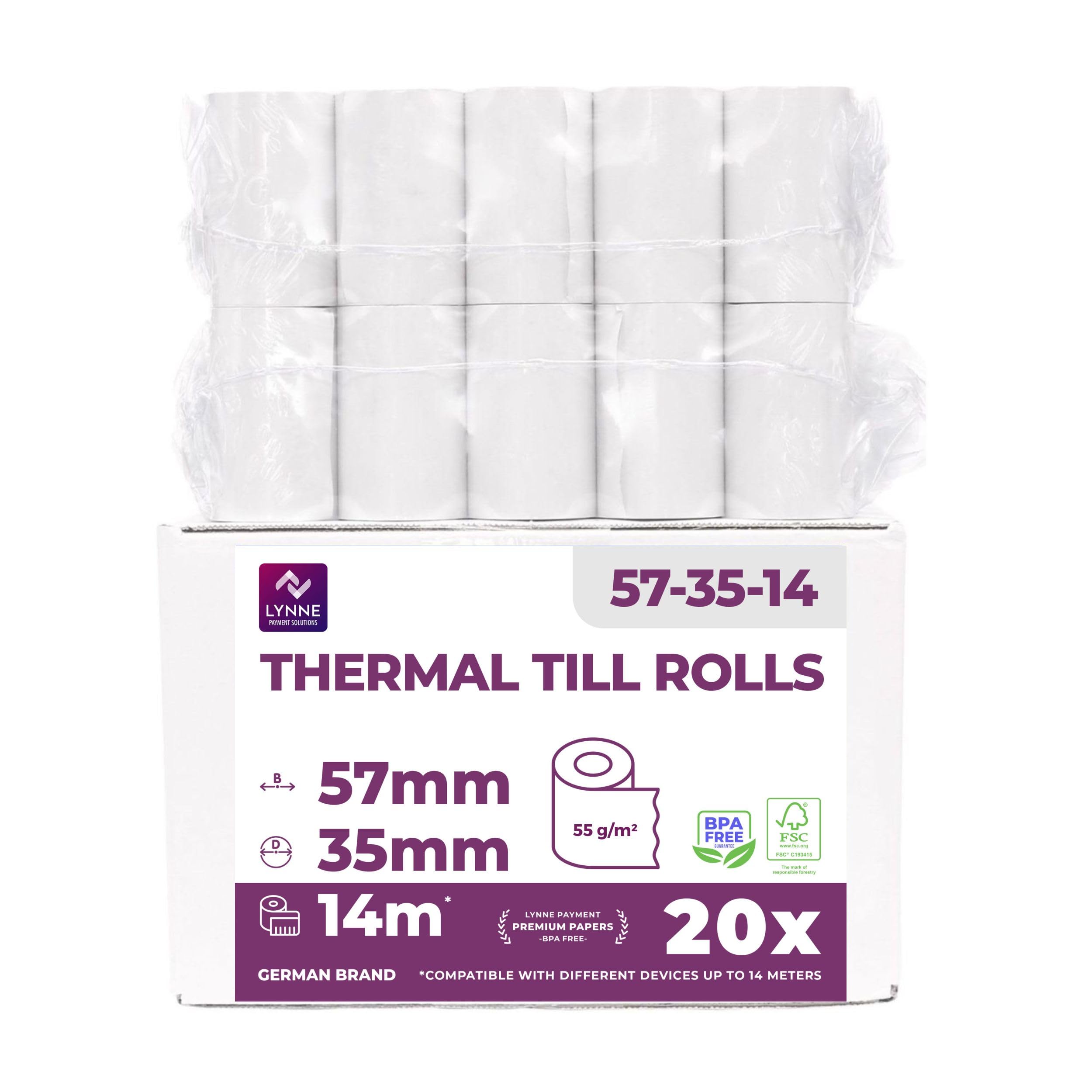 LYNNE - Rollos Papel Datafono Térmico 57x35x12mm para todos los TPV y las impresora térmica - Rollo papel térmico 57mm x 35mm x 14m - Ideal para máquinas de tarjetas de Crédito - Papel TPV [20x]