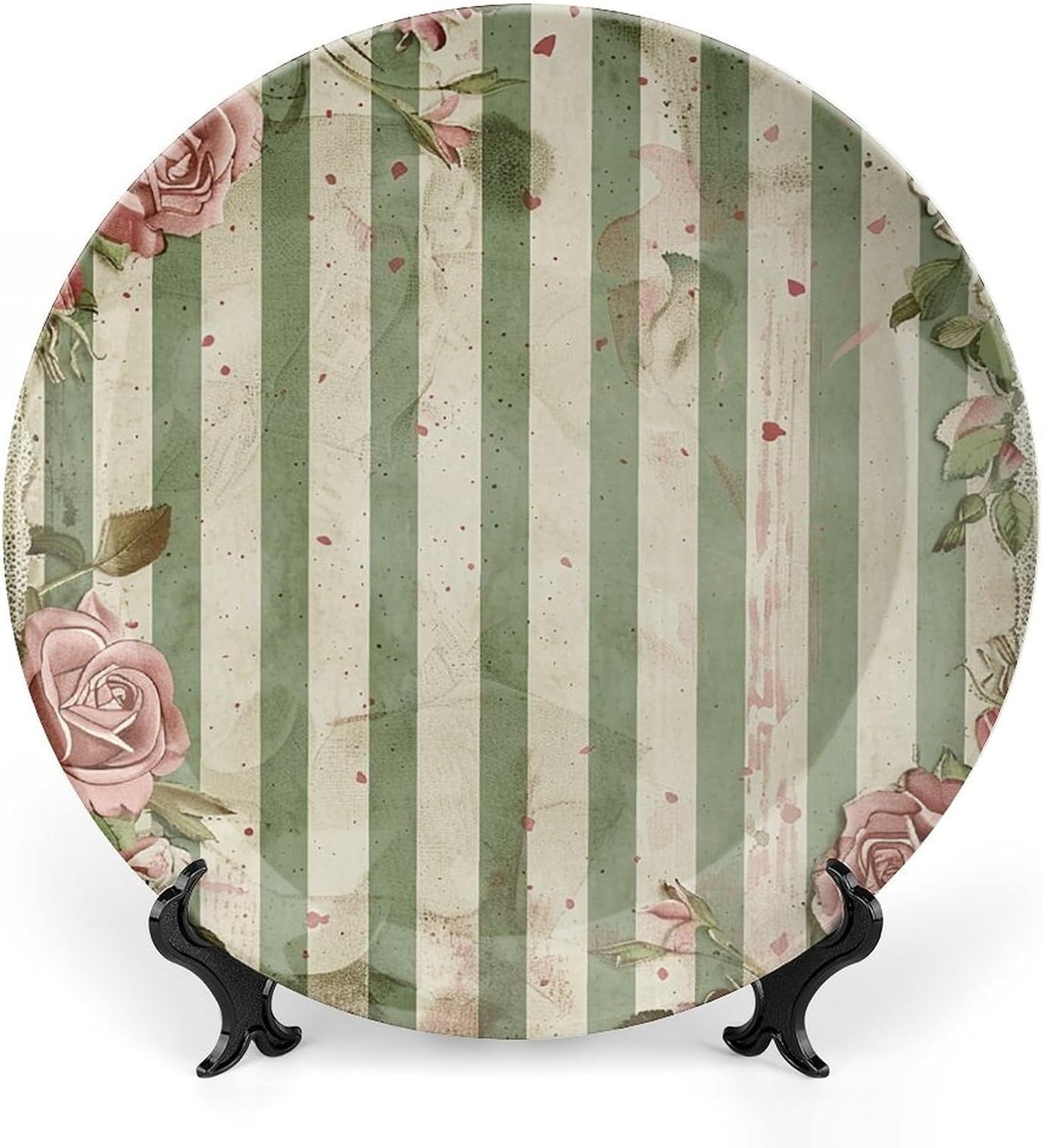 Bone China Decorative Plates Roses And Green Plants Ceramic Decorative Plate Wall Decor with Display Stand Ceramic Ornaments for Wall Hanging Decoration