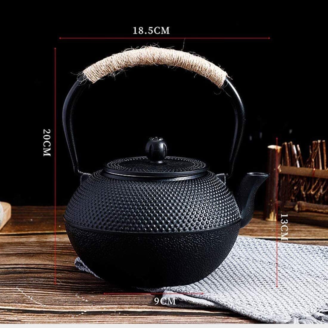 Tetera Juego de colador de infusor de Tetera de Hierro Fundido para Tetera, Color Negro con Filtro de Acero Inoxidable, 1,2 l Tetera Hierro Fundido