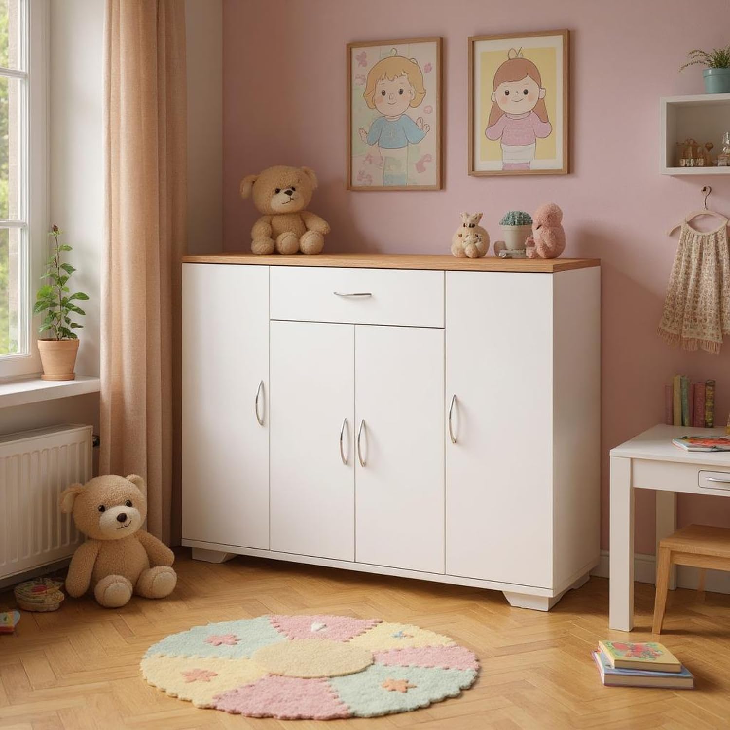 HOMYLIN Kinderkleiderschrank mit Eichenholzplatte, 1 Schublade und doppellagigen Fächern, MDF-Leinenstruktur mit verstellbaren Regalen, Weiß
