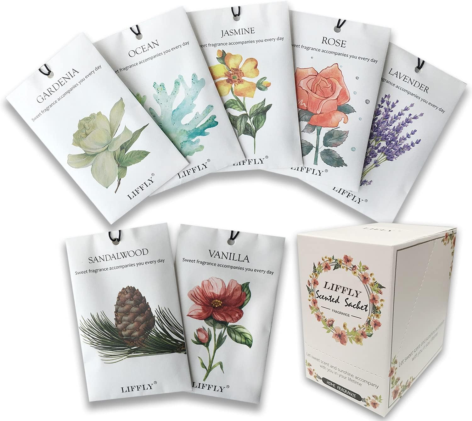 LIFFLY14 Packs Scented Sachets for Drawers and Closets Lavender, Rose, Jasmine, Ocean, Vanilla, Sandalwood, Gardenia 7 Scent