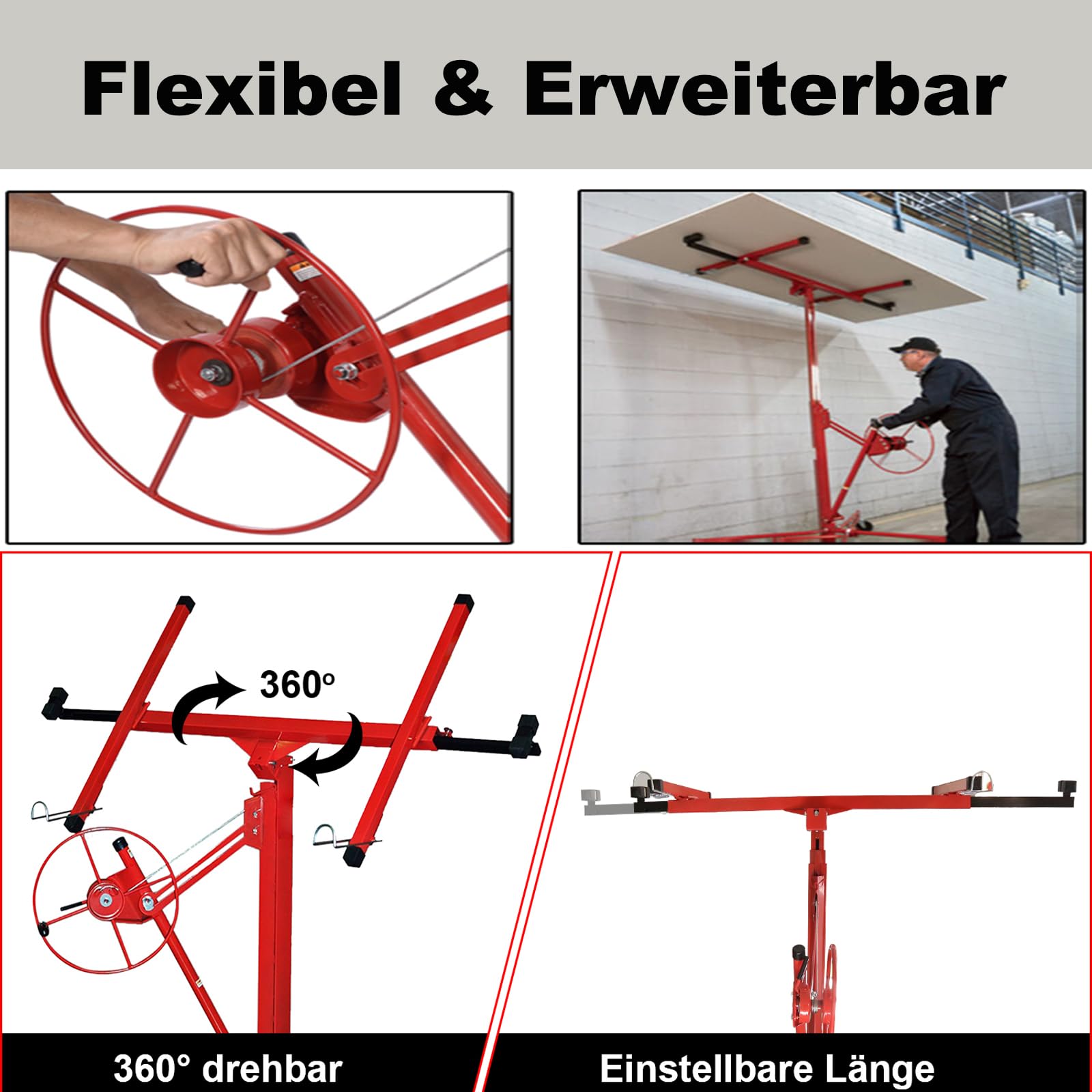Elevador de placas XXL, elevador de placas plegable, montaje en seco, altura regulable de 140 a 350 cm, altura de trabajo de hasta 290 cm, ancho de 90 cm, capacidad de carga de hasta 68 kg,