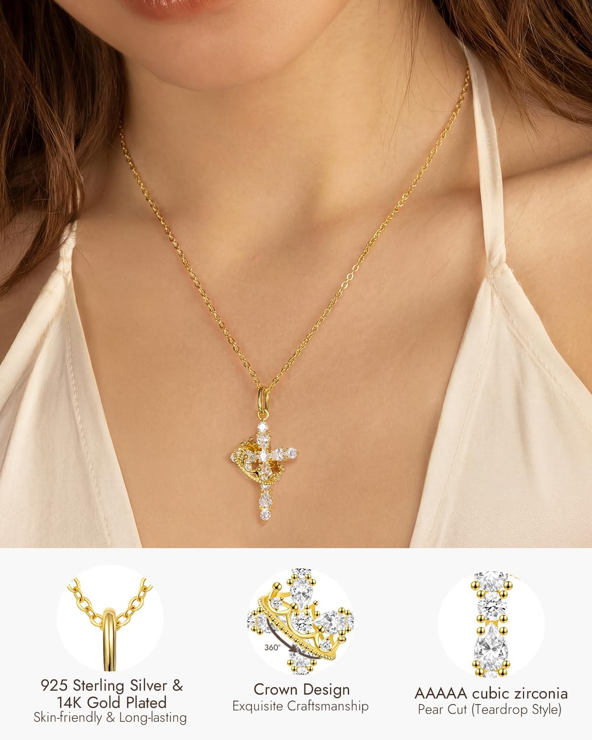 Cross Necklace with Crown for Women, 14K Gold Plated Solid 925 Silver Christian Religious Faith Jewelry Gifts for Her, Baptism Confirmation Gift Christmas Birthday Present for Wife Girlfriend Daughter