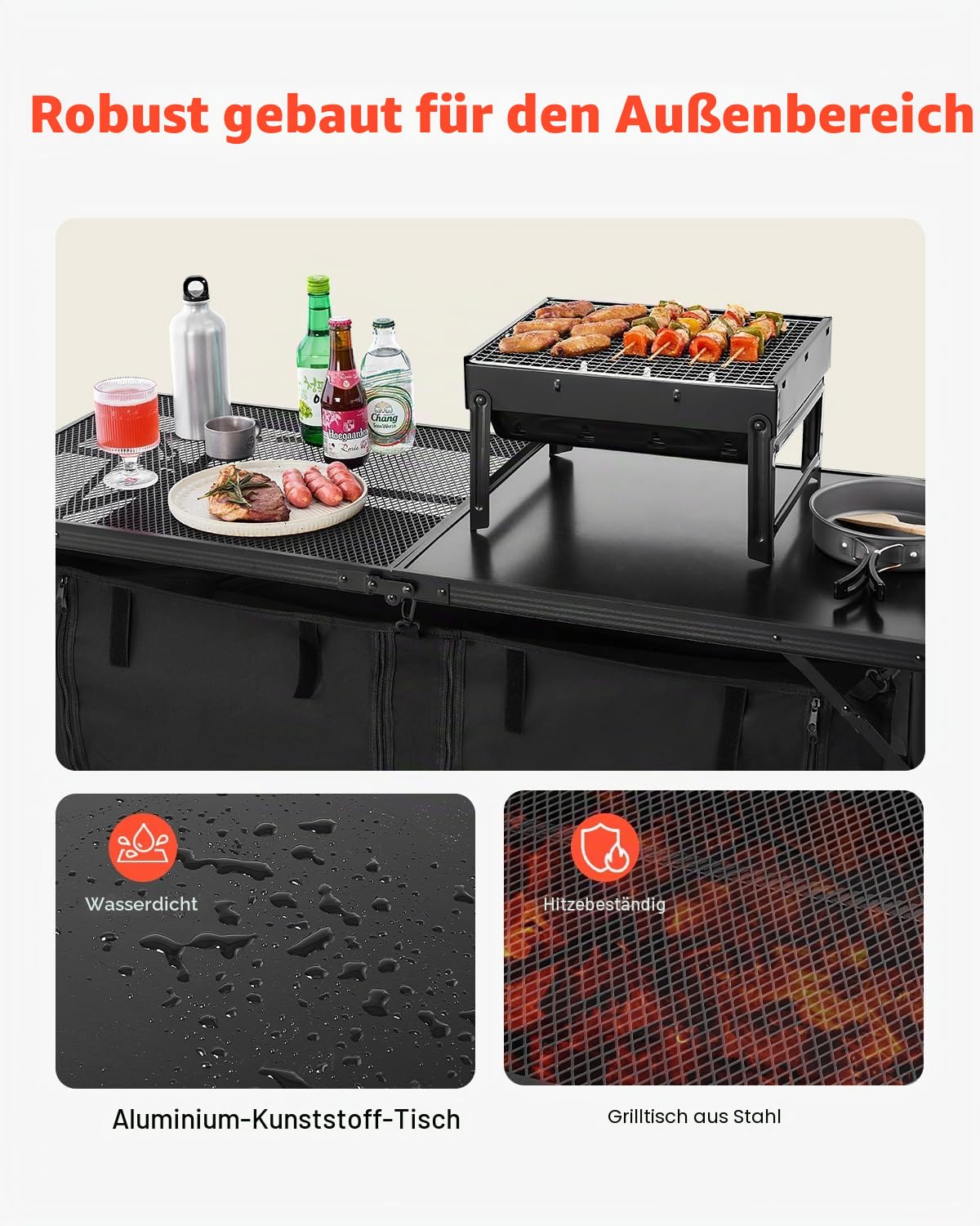 VEVOR Camping Küchentisch klappbarer Kochtisch Outdoor, 3-Fach höhenverstellbar, Aluminium, Organizer, Tragegriff, Schwarz