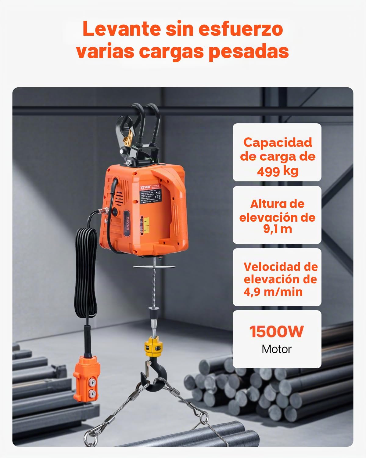 VEVOR Cabrestante eléctrico portátil de 1500 W, altura de elevación de 9,1 m, 4 m/min con mando a distancia inalámbrico y cable para garaje, fábrica, elevación, remolque