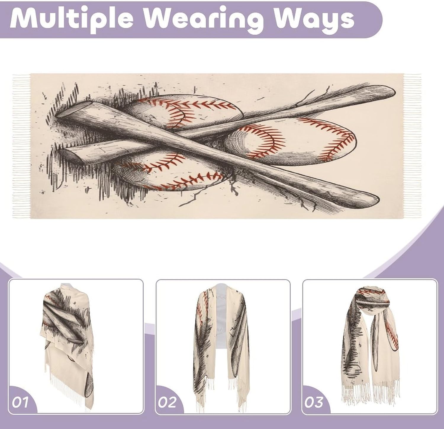 Hand Drawn Baseball Bats And Ball Scarf for Women Men Soft Warm Fashion Blanket Scarves Classic Cashmere Feel Scarf Long Shawl Large Scarves Cold Weather Thick Blanket Scarfs