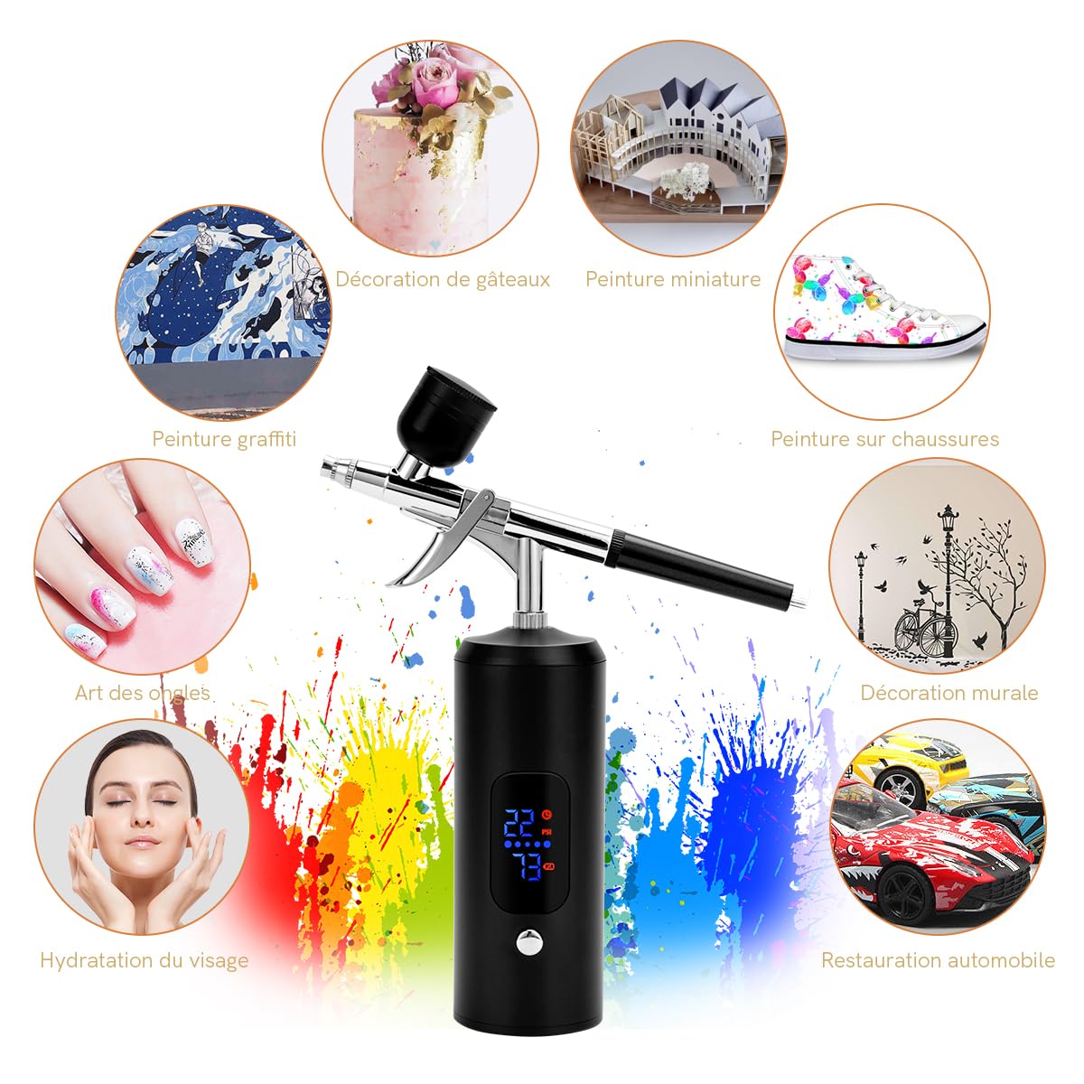 Kit Aérographe Sans Fil, 38PSI Réglable avec Compresseur, Rechargeable, Écran LCD, Tuyau Extension, Idéal pour Coiffure, Nail Art, Décoration Gâteaux, Maquillage, Peinture Modélisme