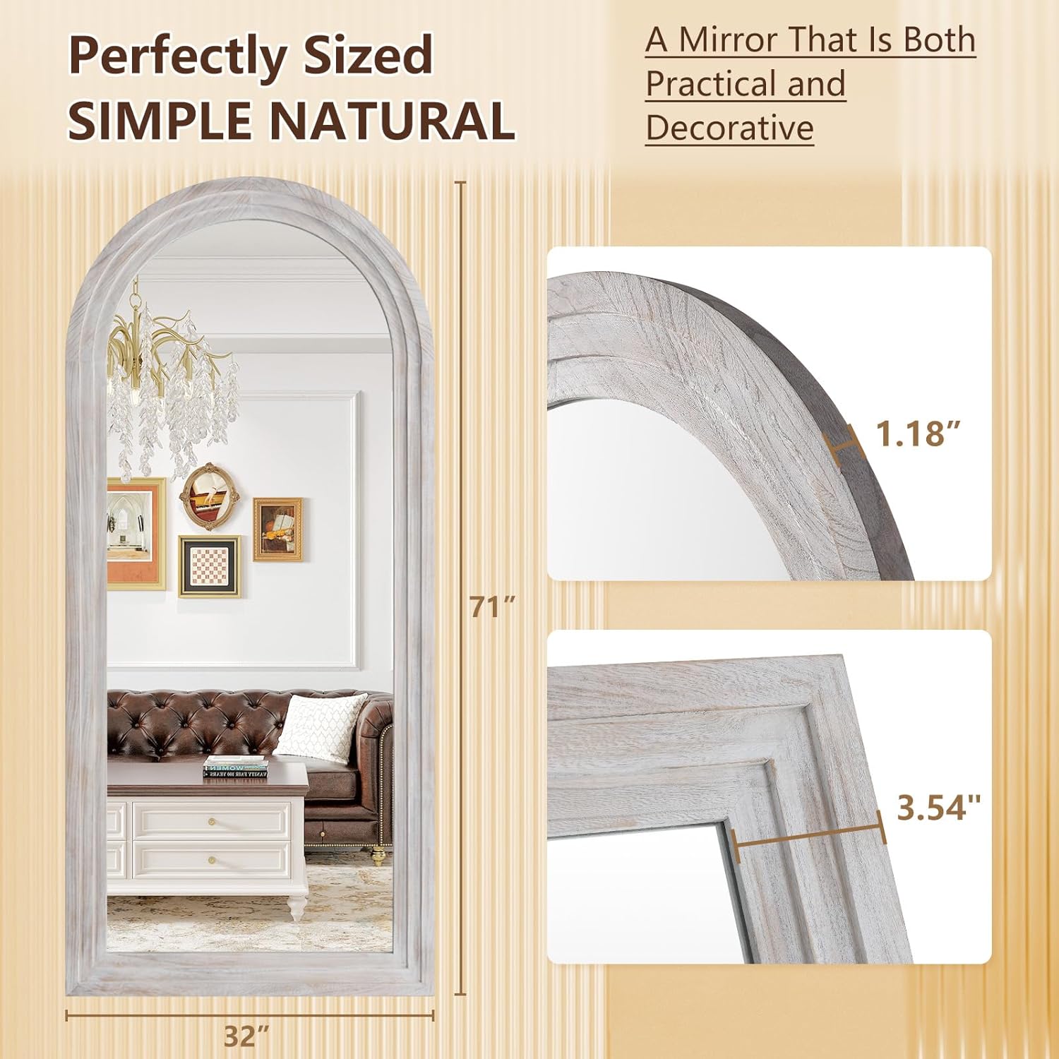 Large Arched Wood Mirror Full Length, 71"X32" Rustic Farmhouse Floor Mirror with Stand for Bedroom Living Room Dressing Room Entryway, Free Standing Mirror Leaning or Wall Mounted, Rustic White - Image 5