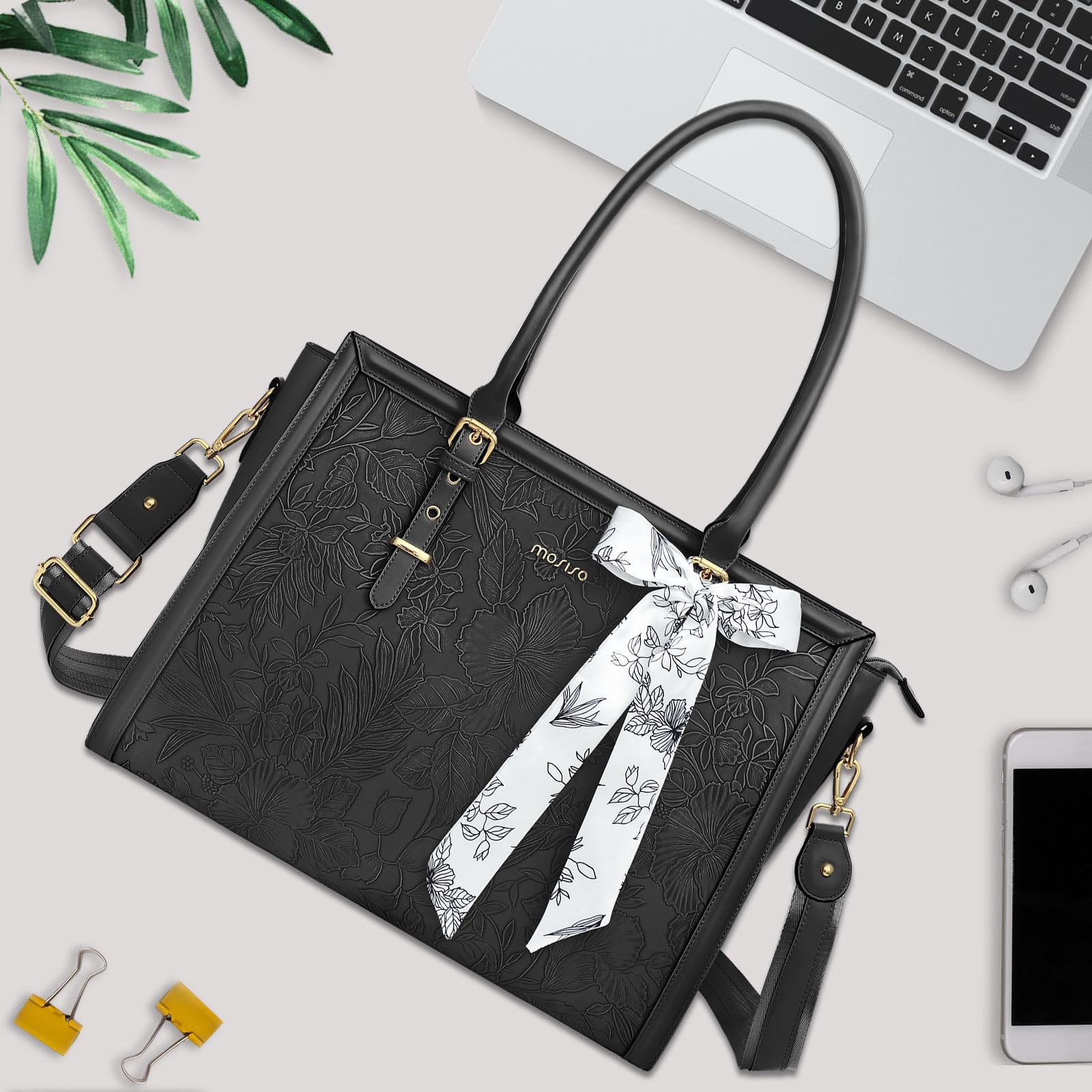 MOSISO Borsa Tote Laptop Donna,17-17,3 Pollici PU Pelle,Compatibile con MacBook,HP,Dell,Asus Notebook,Borsa Computer con Stampa Frontale Rilievo Ibisco Retro, Sciarpa Seta e Pochette,Nero