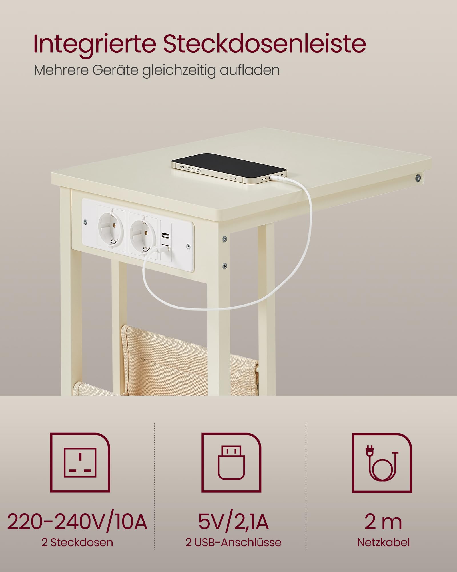 VASAGLE Beistelltisch, C-Form, mit Steckdose, Metallgestell, 40x30x62.2 cm | Sofatisch, Kaffeetisch, für Kaffee und Laptop, modernes Design, cremeweiß, BARNET Kollektion LET356W02