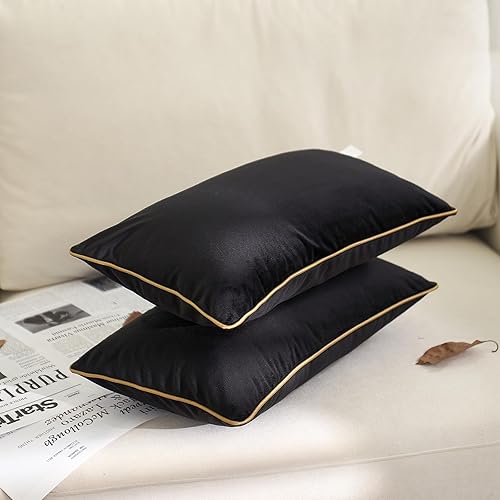 Miniatura 2 de Aeckself Paquete de 2 fundas de almohada lumbar de terciopelo negro puro, modernas, de lujo, decorativas, con borde dorado, cómoda, suave y sólida,