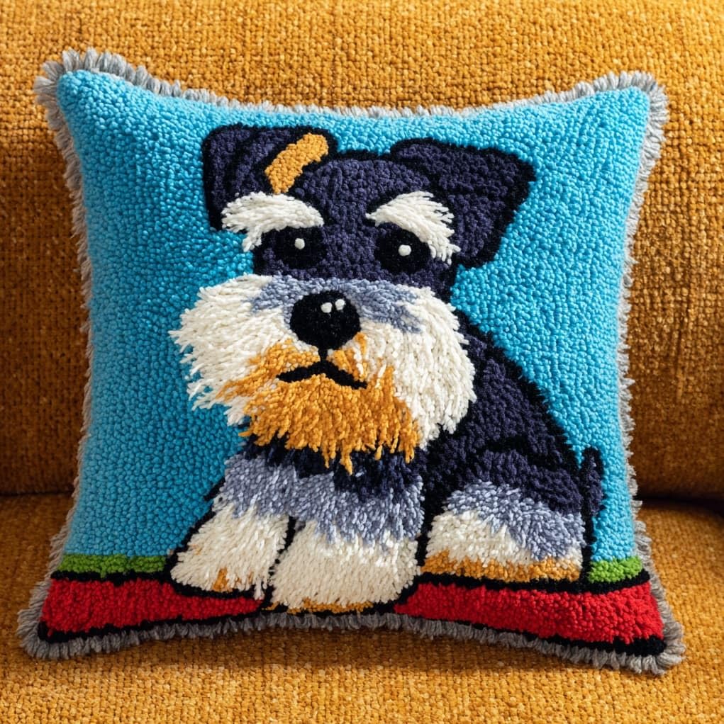 Henypt Latch Hook Pillow Craft Kit 43x43cm,Schnauzer Dog 17x17 Inch,Complete Starter Kit with Tools and Yarn for Beginners & Craft Enthusiasts