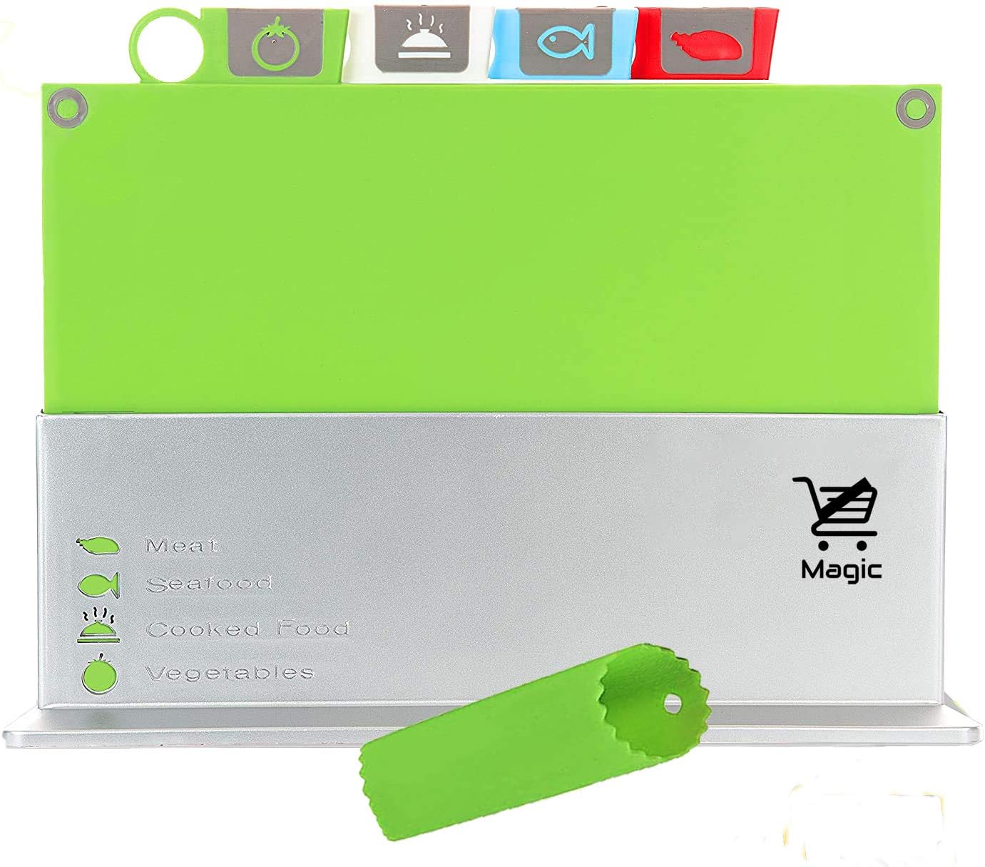 Cutting Board Set of 4, Plastic Non-slip Chopping Board with Stand, Color Coded Boards with Icons for Food Safety in Space Saving Storage Case and Easy Clean Classification Cutting Board Color-Coded