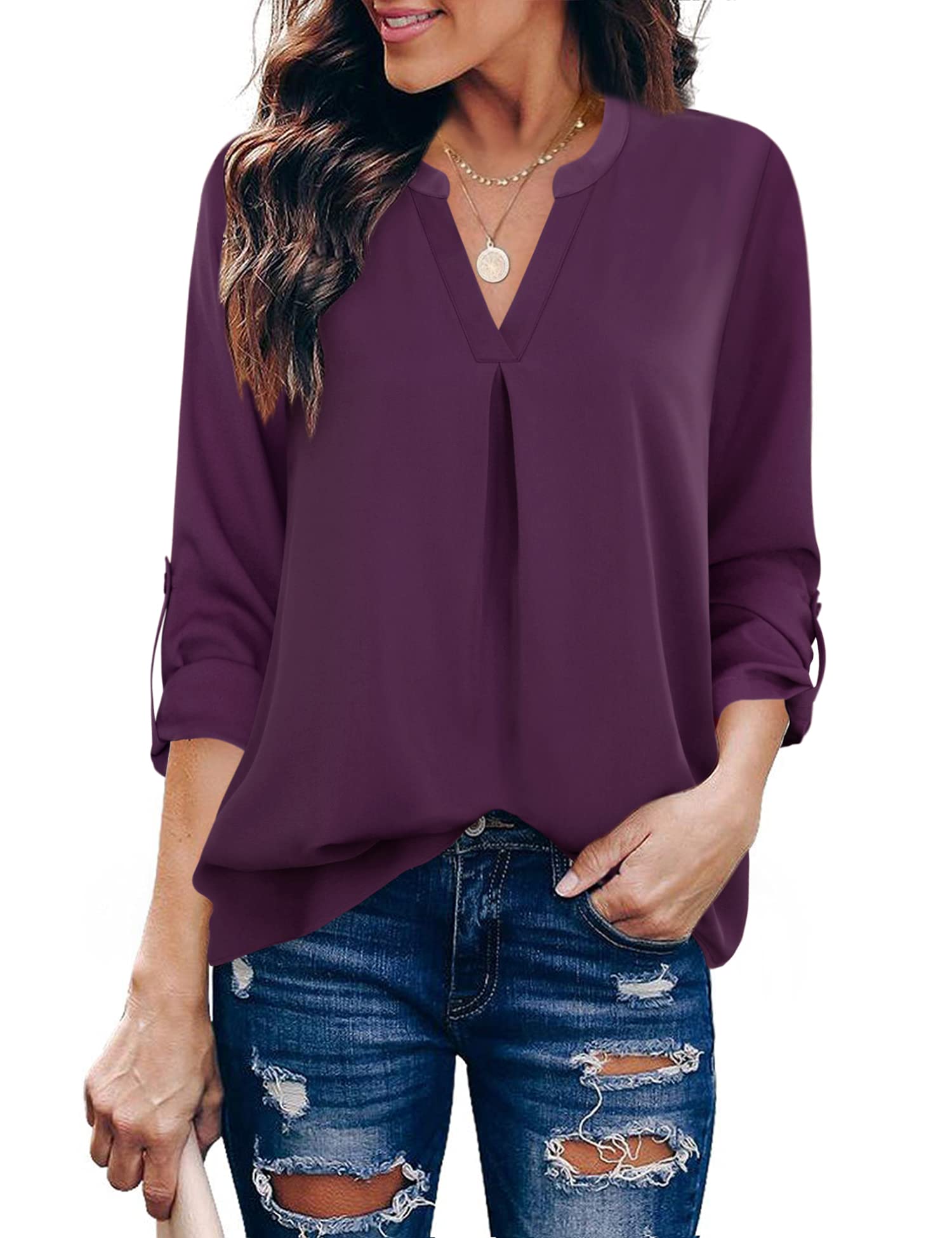 GaharuWomen's Button Down Tank Top V Neck Pleated Sleeveless Blouse Shirt