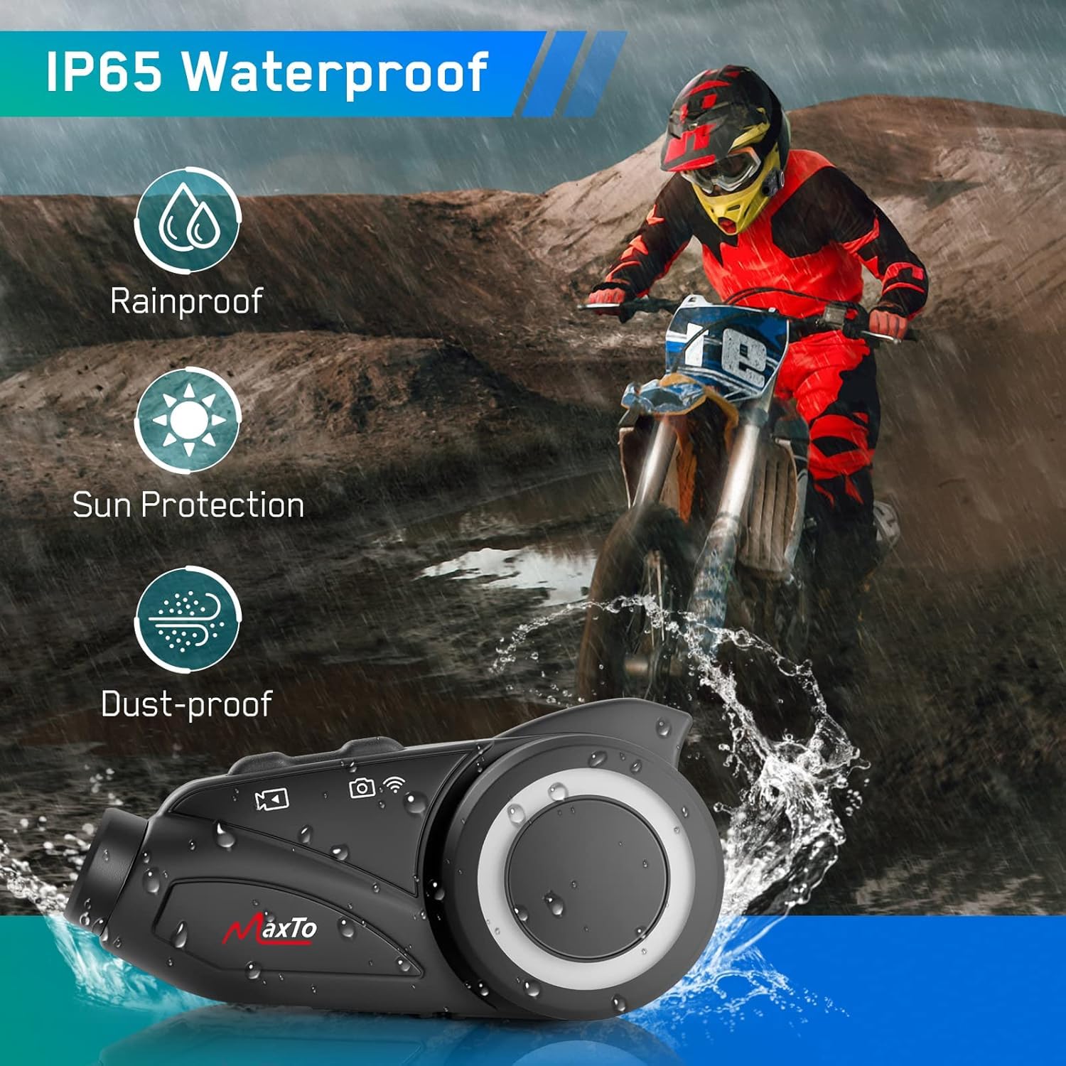 Moto Bluetooth Intercom MAXTO M3 moto Casco auricolare e fotocamera Kit sistema di comunicazione 1000M 6 Piloti interfono Wireless Interphone (Siri Google Assistant/Impermeabile/GPS/TF Max 128G)