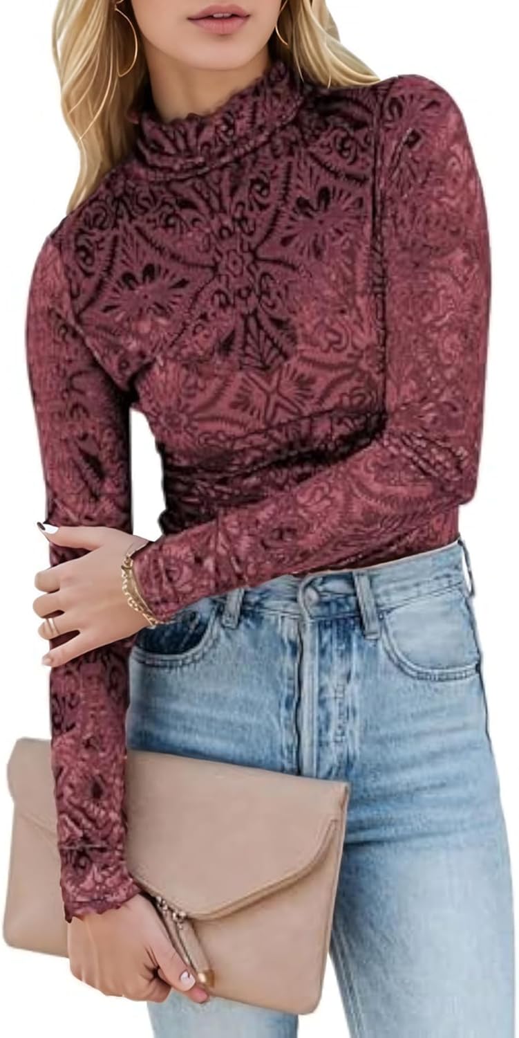 Womens Slim Fit Velvet Burnout Top - Mockneck Long Sleeve Semi See Through Blouse Elegant Shirt for Party/Date/Night Out