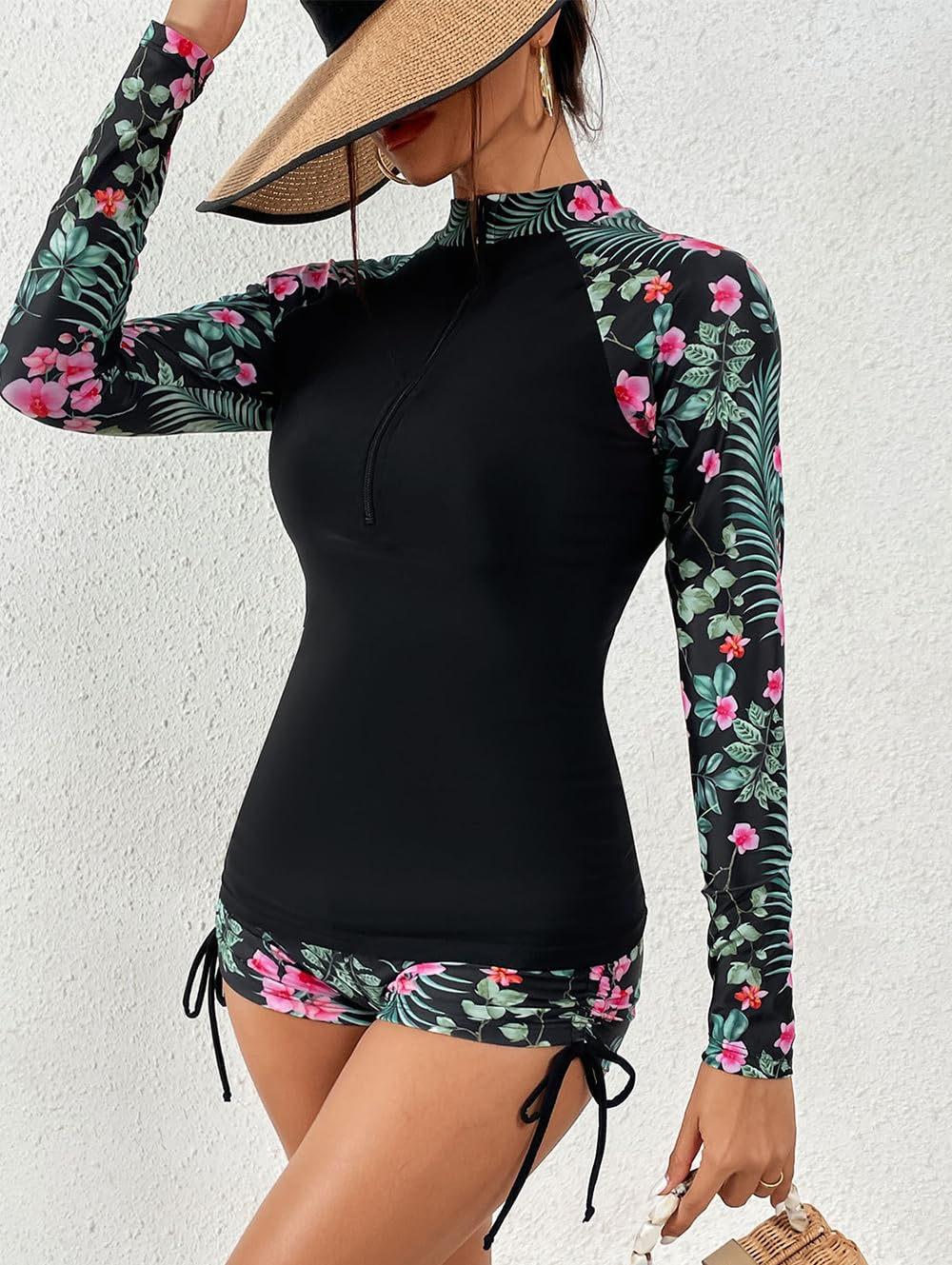 Traje de baño de dos piezas para mujer, con protección solar UPF50+, manga larga, cremallera frontal, camiseta de natación con pantalones cortos