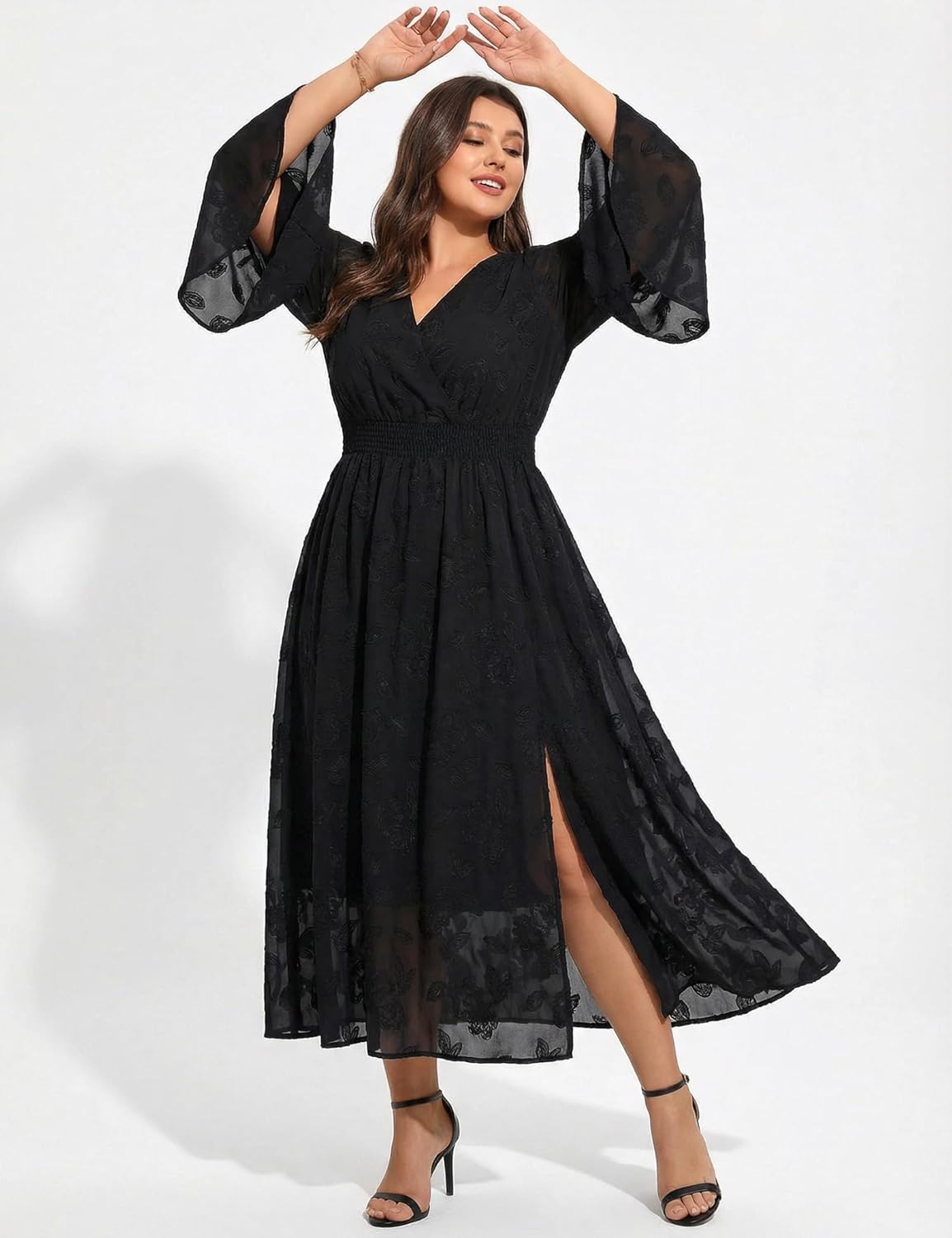 Wedding Guest Dress Plus Size Ruffle Bell Sleeve V Neck A Line Flowy Empire Waist Maxi Dresses with Slit - Image 2