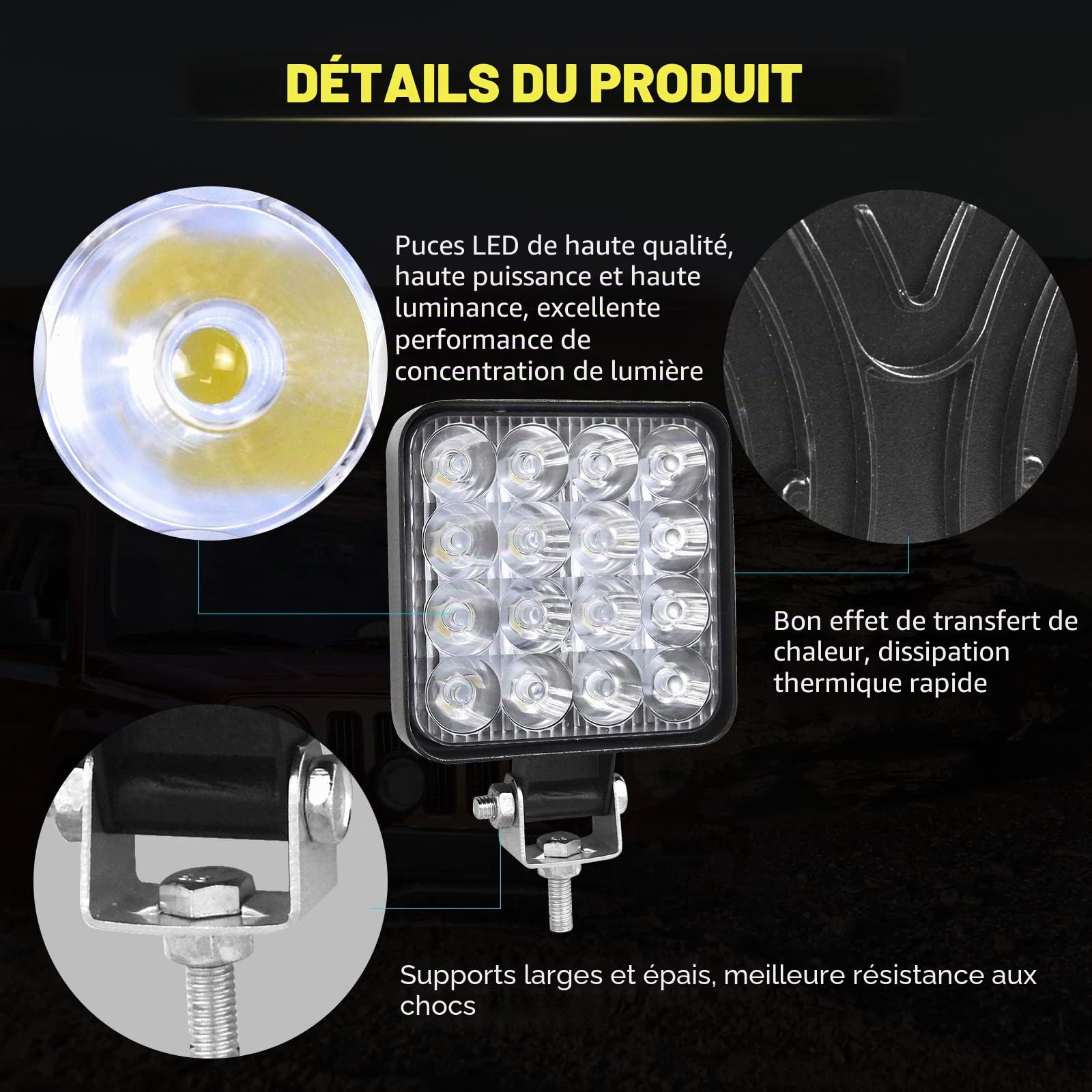 PICAA Phare de Travail LED, 4 PCS 3.3 Pouces Mini 48W Spot Projecteur LED | longue portée, Carré,Feux de Travail, 12V 24V, hors route pour Voiture 4x4 Truck ATV SUV Camion Tracteur Moto