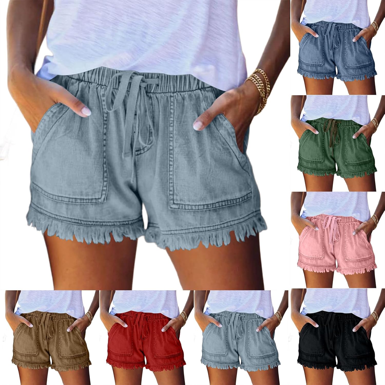 Jean Shorts Womens High Waisted Denim Shorts Tassel Hem Summer 5 Inch Jeans Short with Pockets Drawstring Casual Short Jeans