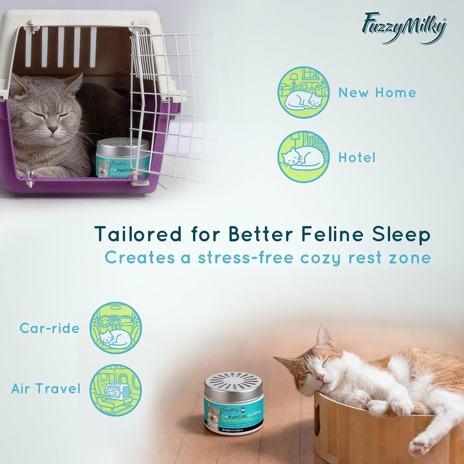 NightCalm Cat Calming Diffuser for Sleep Support - Cordless Cat Pheromone Diffuser Gel, Natural Formula for Cat Anxiety Relief,Scratching,Urine Marking, 60 Day Long Lasting