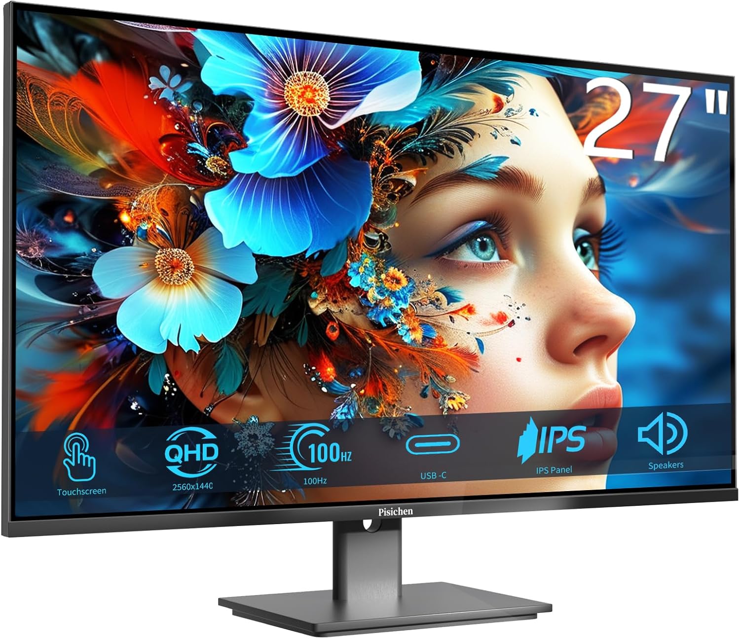 Touchscreen Monitor 27" 2K 100Hz Gaming Monitor, QHD 2560x1440 IPS PC Monitors, 10-Point Touch Screen Computer Monitors, with USB C HDMI DP Ports, Built-in Speakers